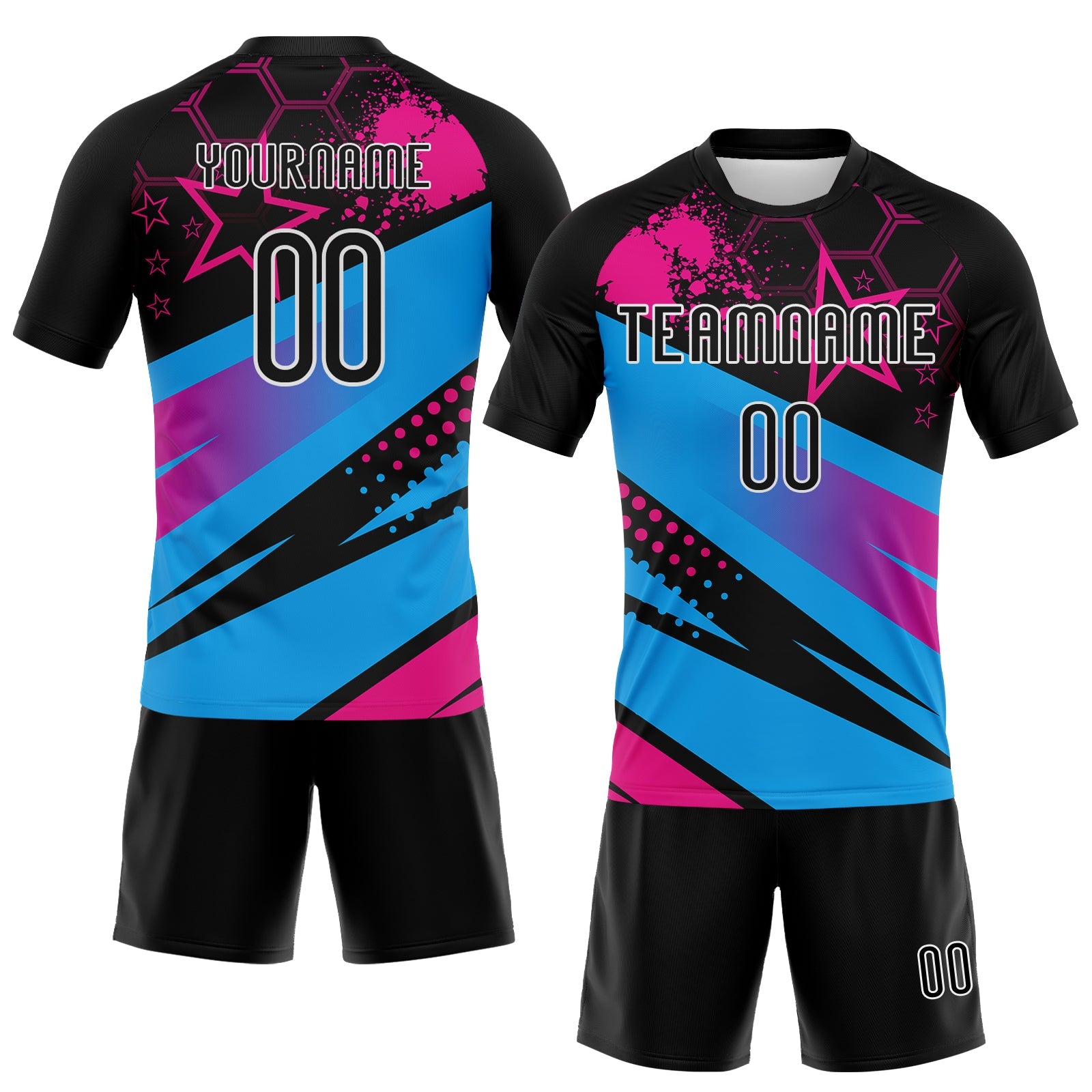 Custom Black Sky Blue-Pink Geometric Shape And Splash Sublimation Volleyball Uniform Jersey view 2