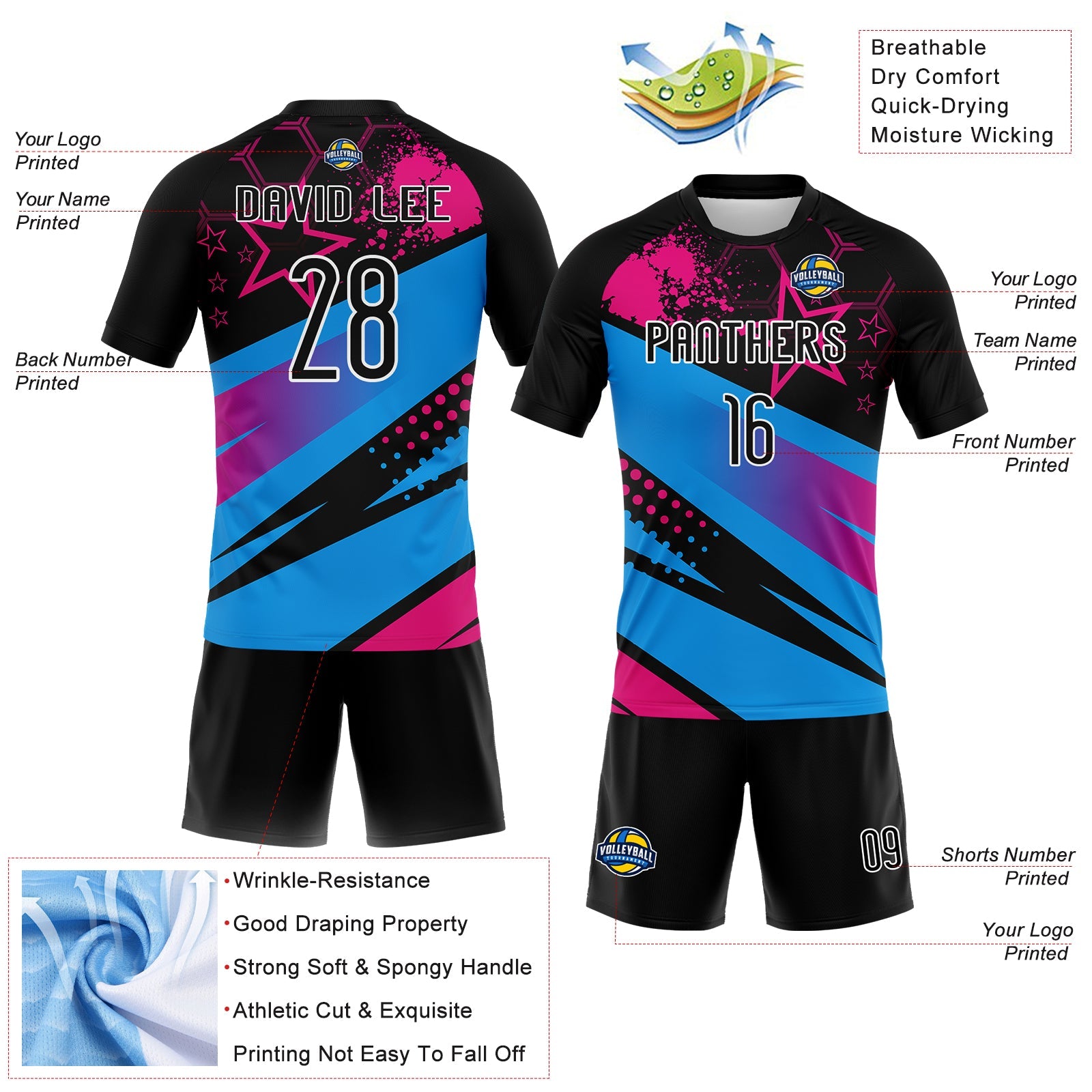 Custom Black Sky Blue-Pink Geometric Shape And Splash Sublimation Volleyball Uniform Jersey view 4