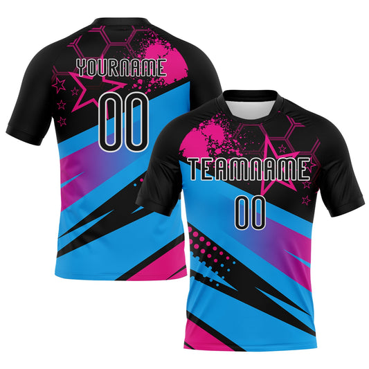 Custom Black Sky Blue-Pink Geometric Shape And Splash Sublimation Volleyball Uniform Jersey - Main View