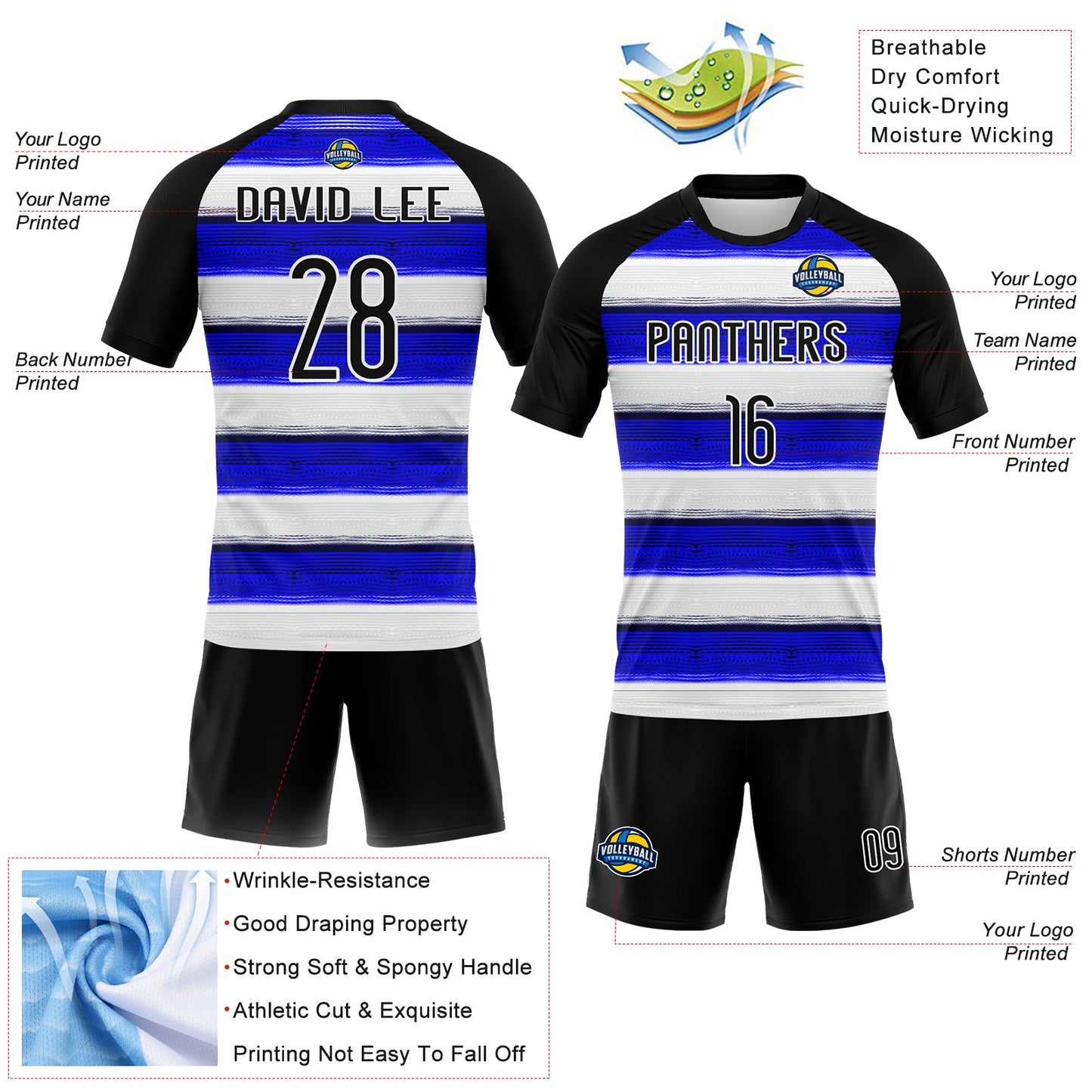 Custom Thunder Blue Black-White Lines Sublimation Volleyball Uniform Jersey view 4
