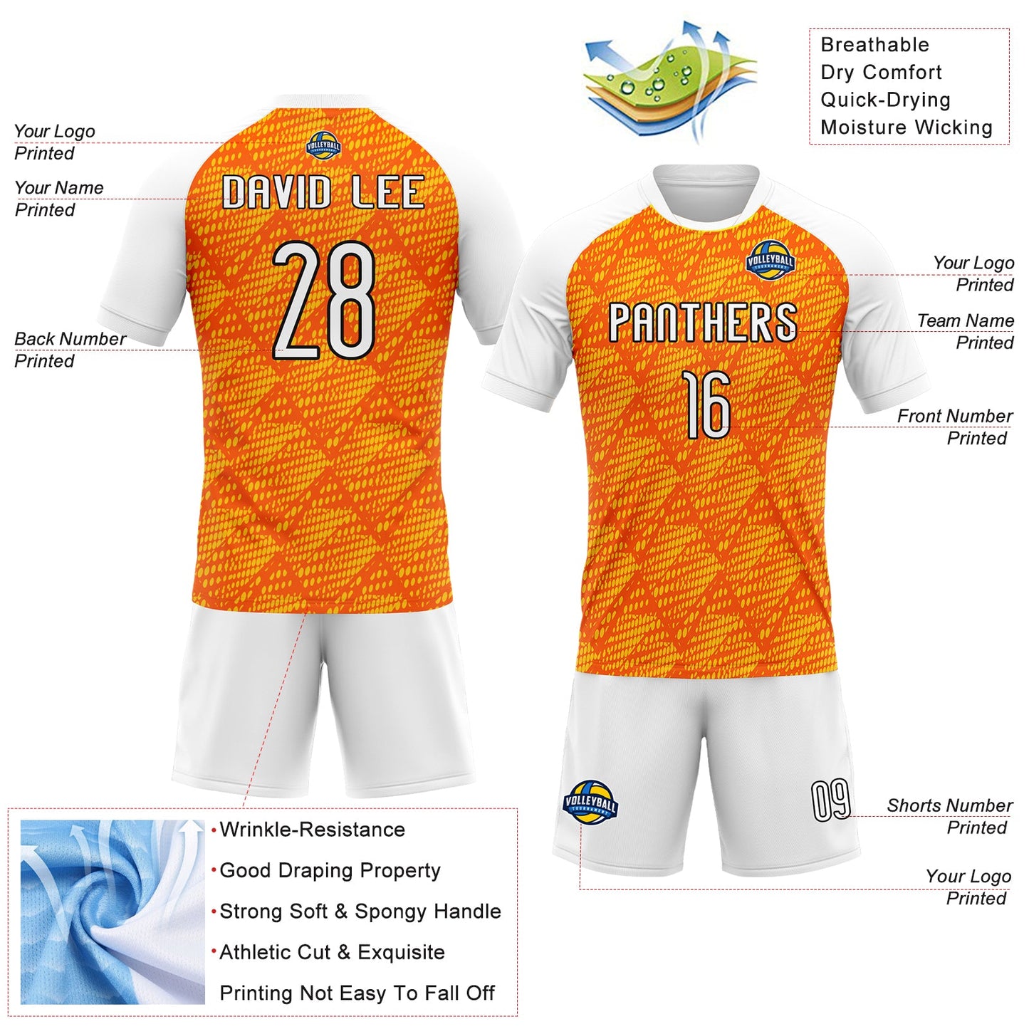Custom Orange White-Black Lines And Dots Sublimation Volleyball Uniform Jersey view 4