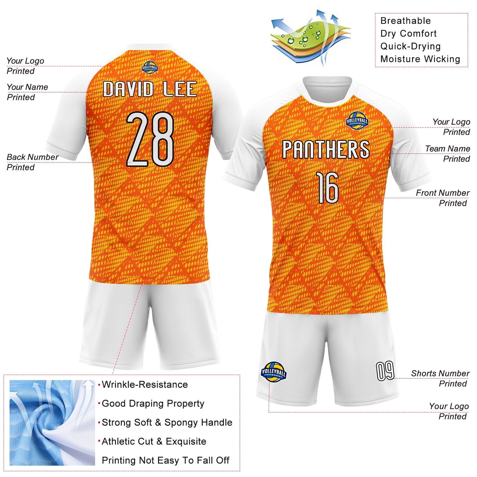 Custom Orange White-Black Lines And Dots Sublimation Volleyball Uniform Jersey view 4