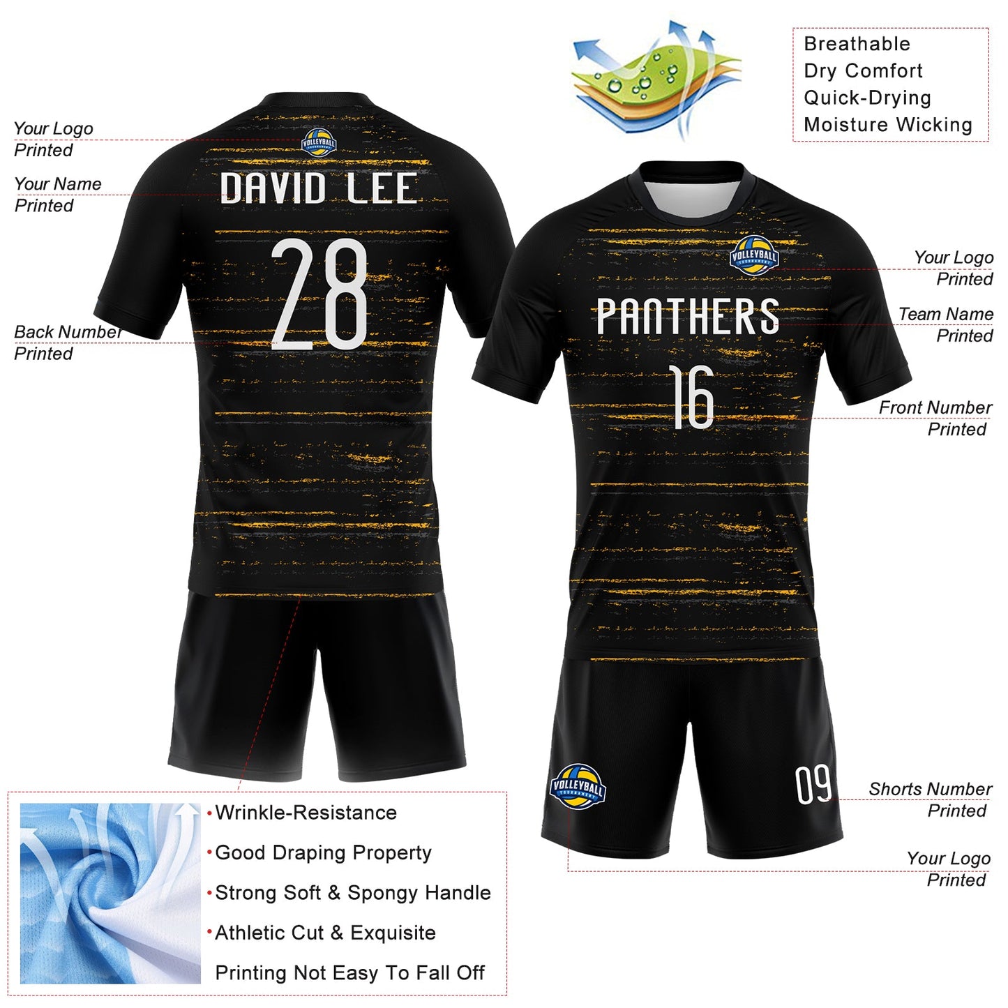 Custom Black White-Gold Bright Lines Sublimation Volleyball Uniform Jersey view 4