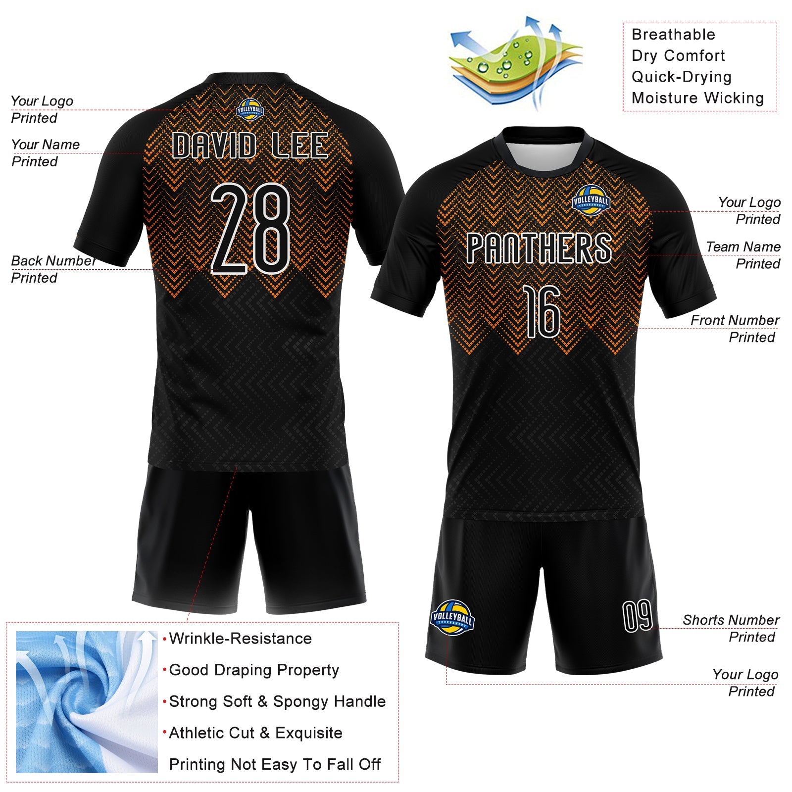 Custom Black Bay Orange-White Geometric Shape Sublimation Volleyball Uniform Jersey view 4