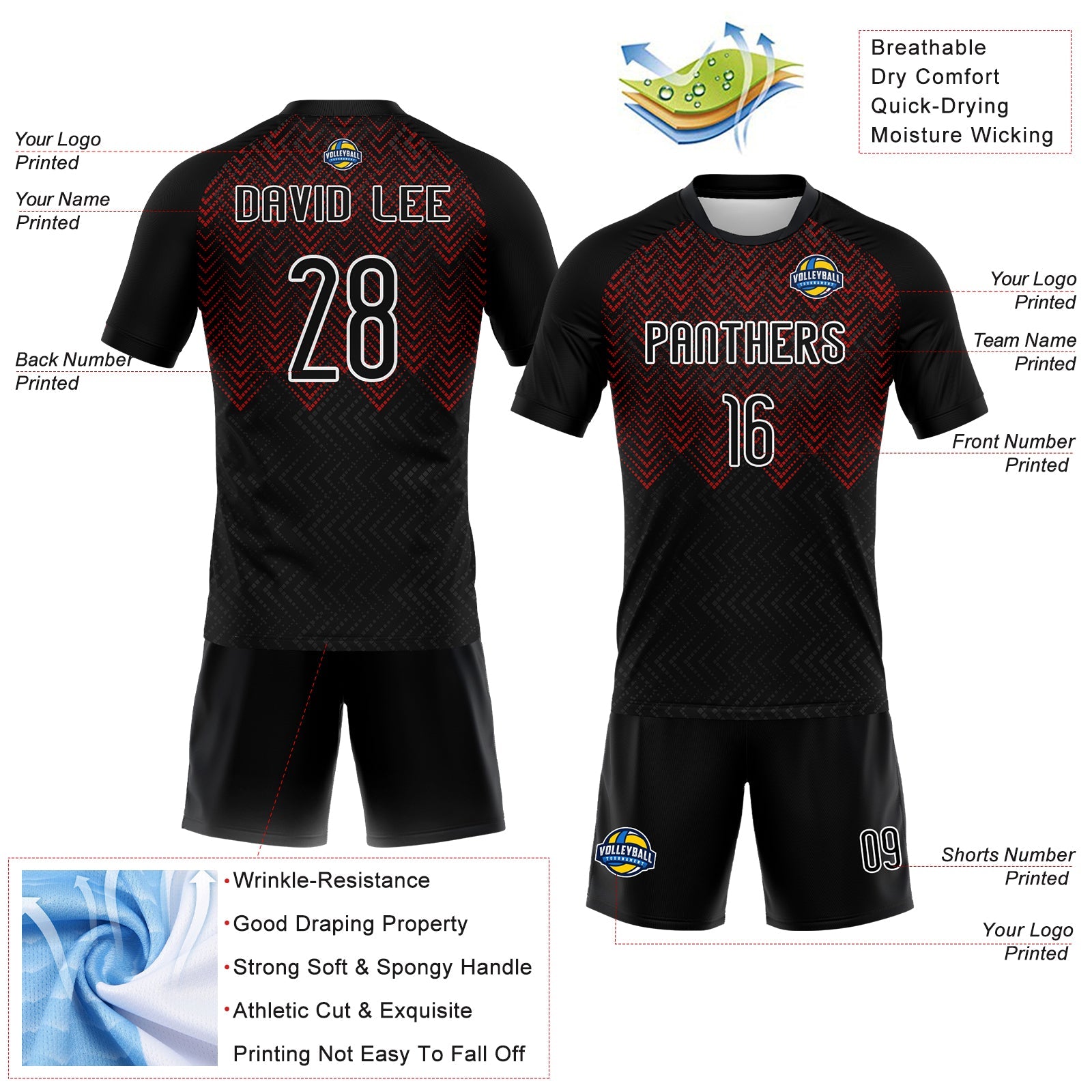 Custom Black Red-White Geometric Shape Sublimation Volleyball Uniform Jersey view 4