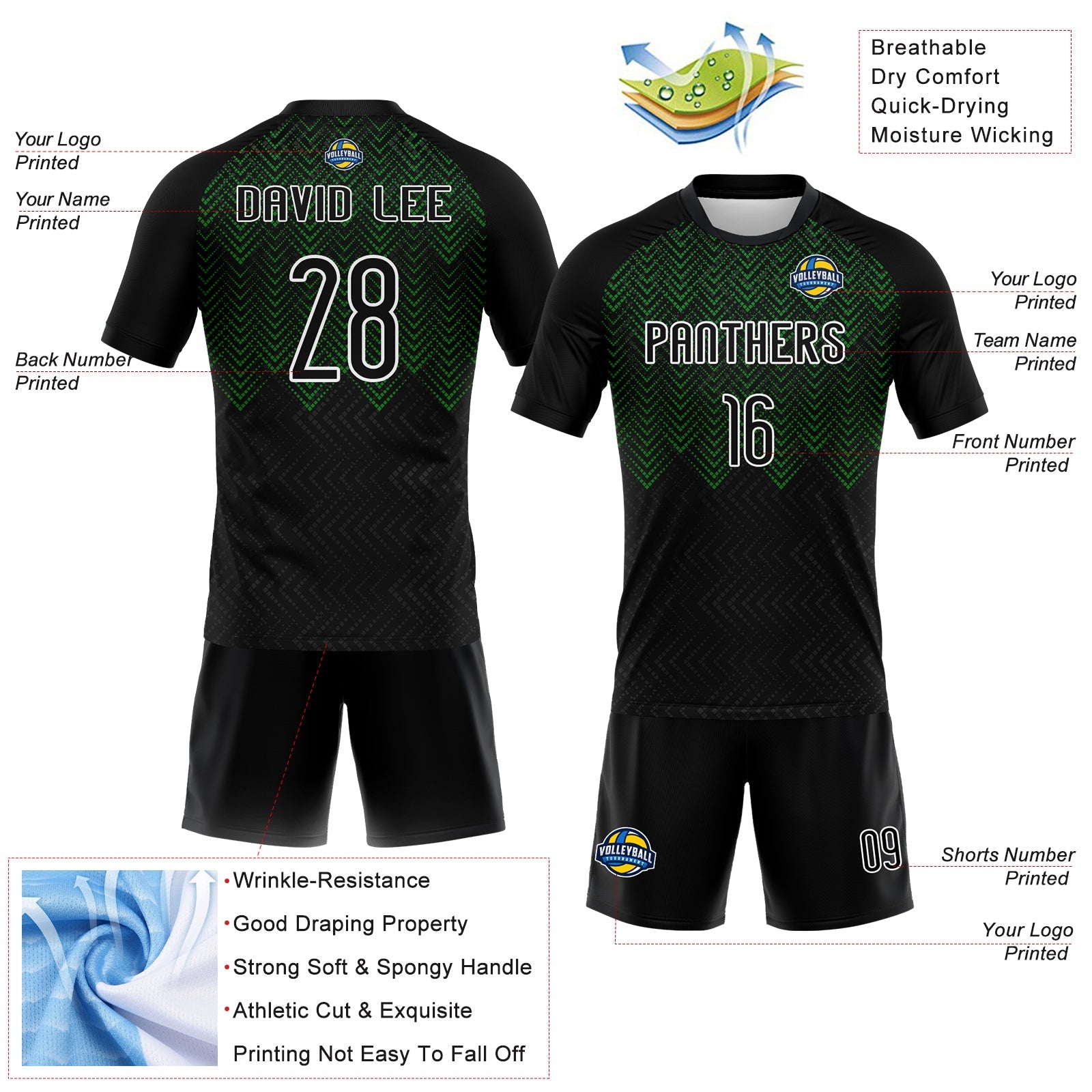 Custom Black Grass Green-White Geometric Shape Sublimation Volleyball Uniform Jersey view 4