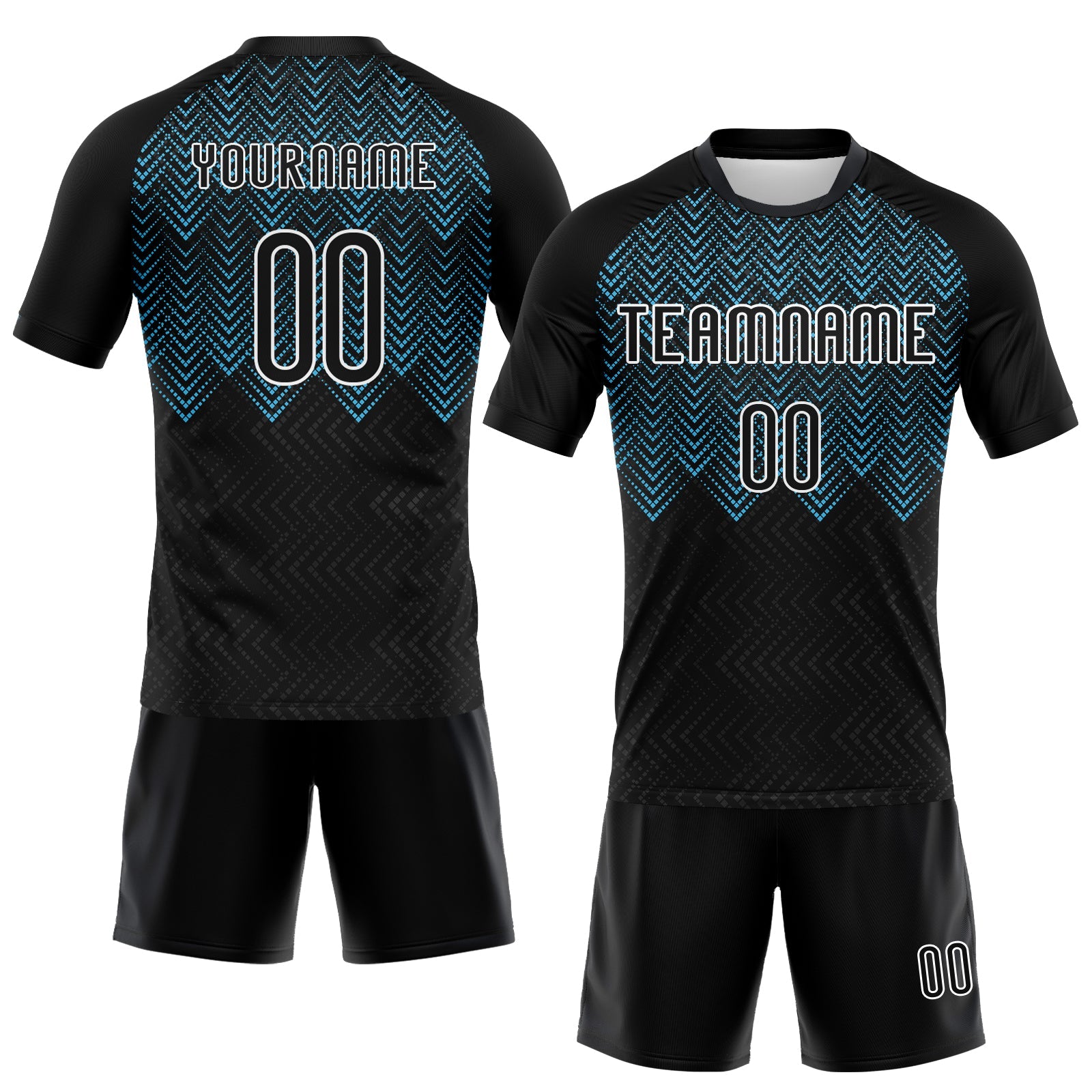 Custom Black Sky Blue-White Geometric Shape Sublimation Volleyball Uniform Jersey view 2