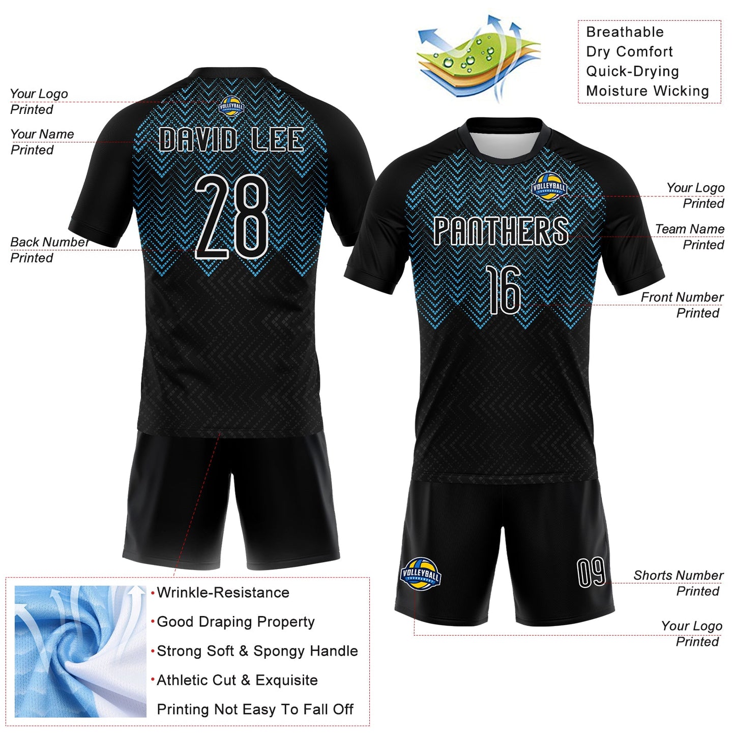 Custom Black Sky Blue-White Geometric Shape Sublimation Volleyball Uniform Jersey view 4