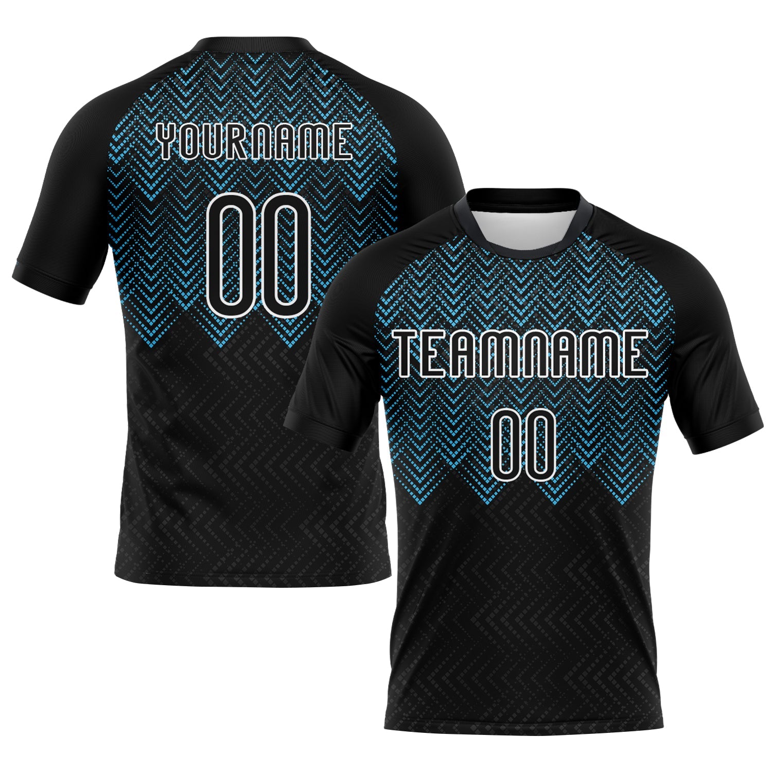 Custom Black Sky Blue-White Geometric Shape Sublimation Volleyball Uniform Jersey - Main View