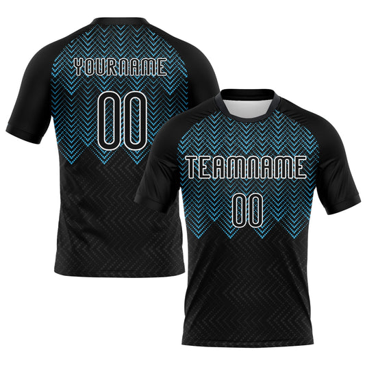 Custom Black Sky Blue-White Geometric Shape Sublimation Volleyball Uniform Jersey - Main View