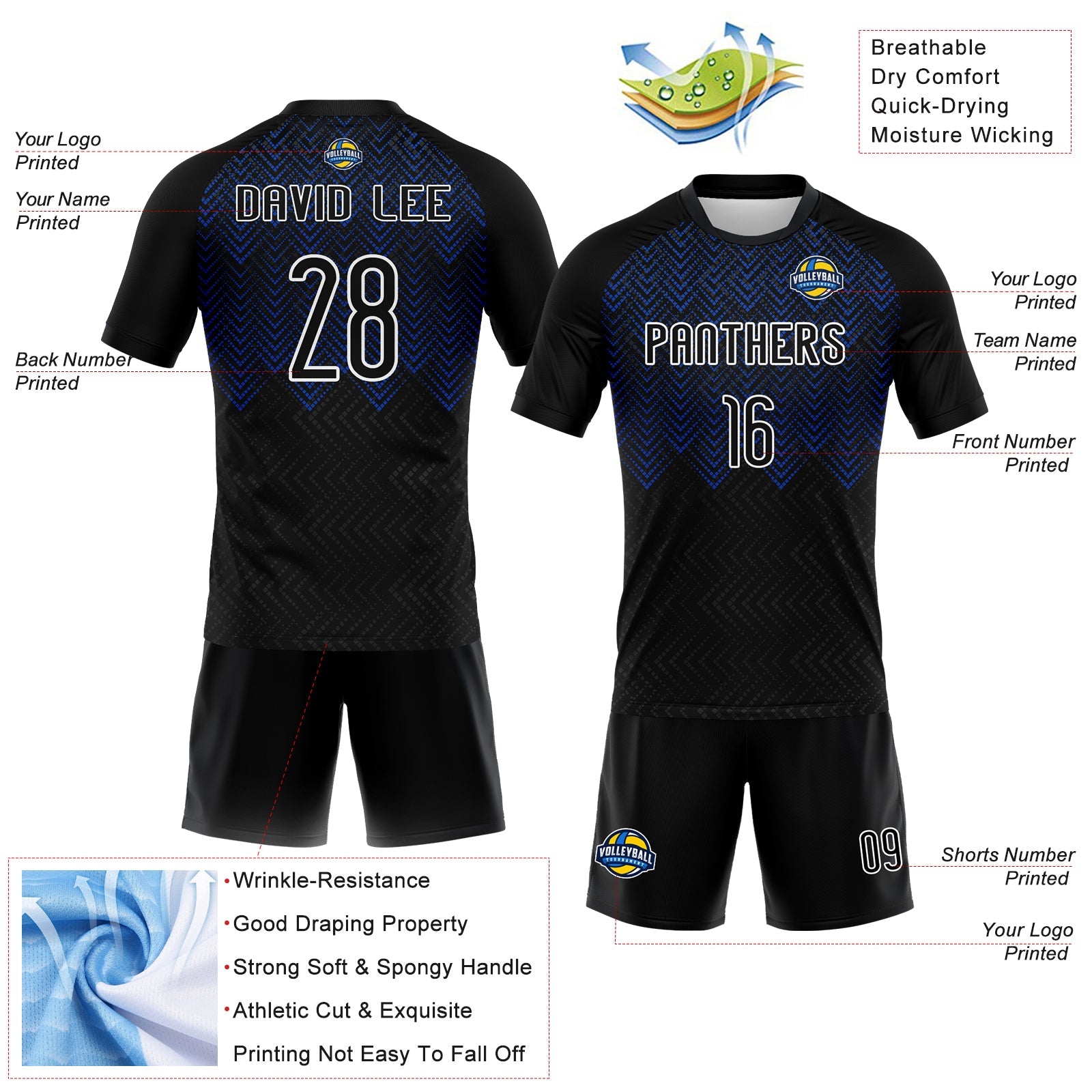 Custom Black Thunder Blue-White Geometric Shape Sublimation Volleyball Uniform Jersey view 4