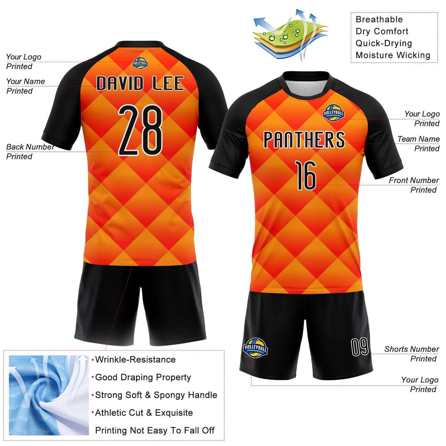 Custom Red Black-Yellow Geometric Shape Sublimation Volleyball Uniform Jersey view 4