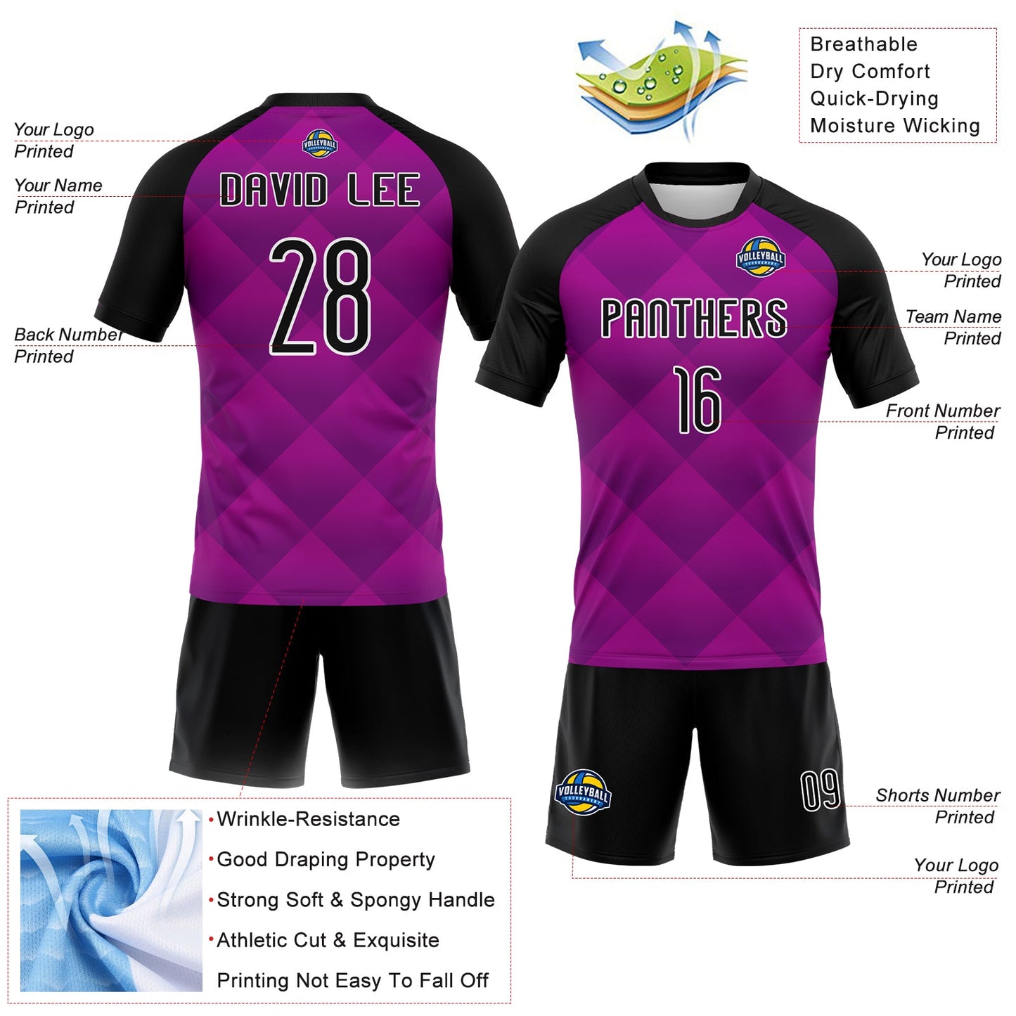 Custom Purple Black-White Geometric Shape Sublimation Volleyball Uniform Jersey view 4