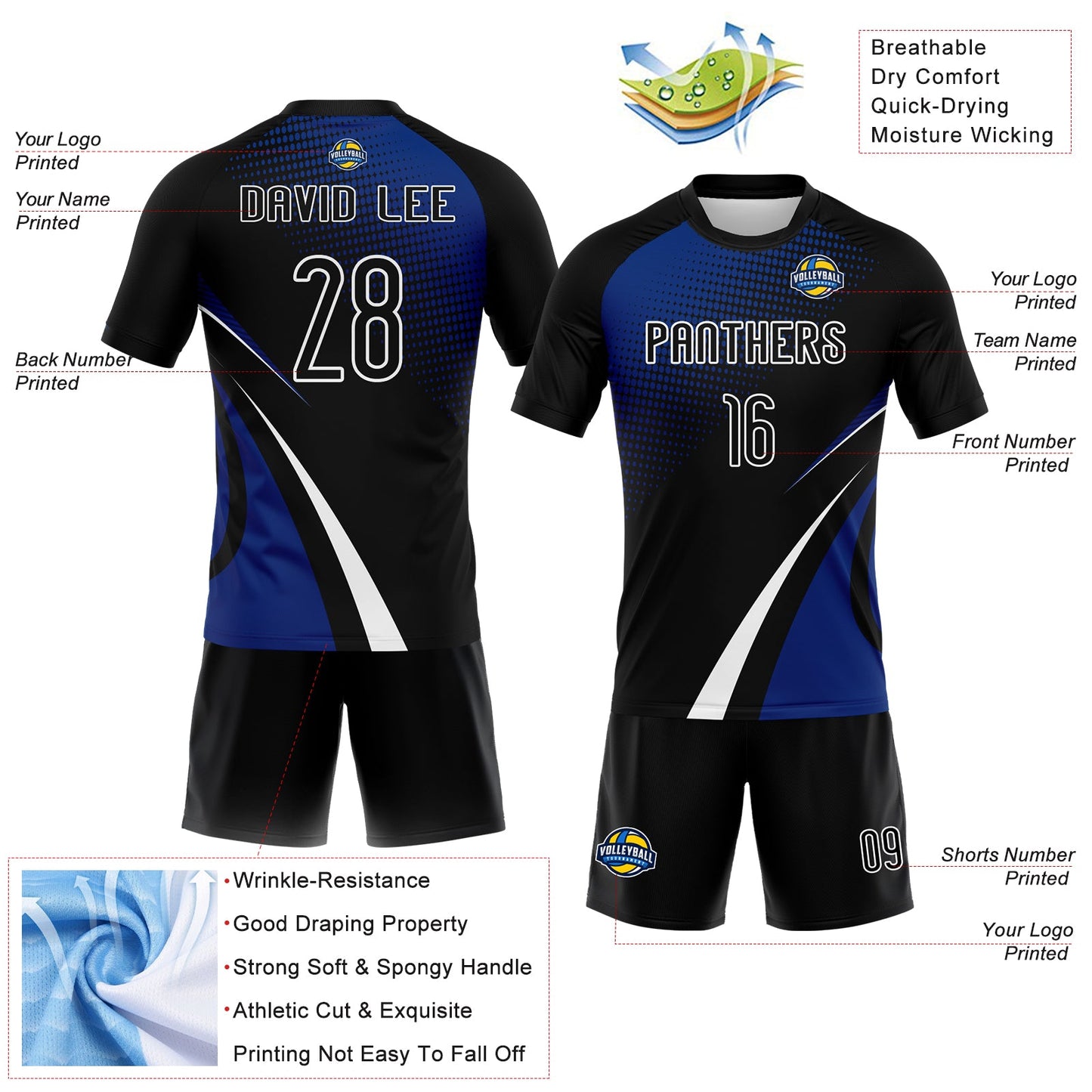 Custom Black Thunder Blue-White Lines And Dots Sublimation Volleyball Uniform Jersey view 4