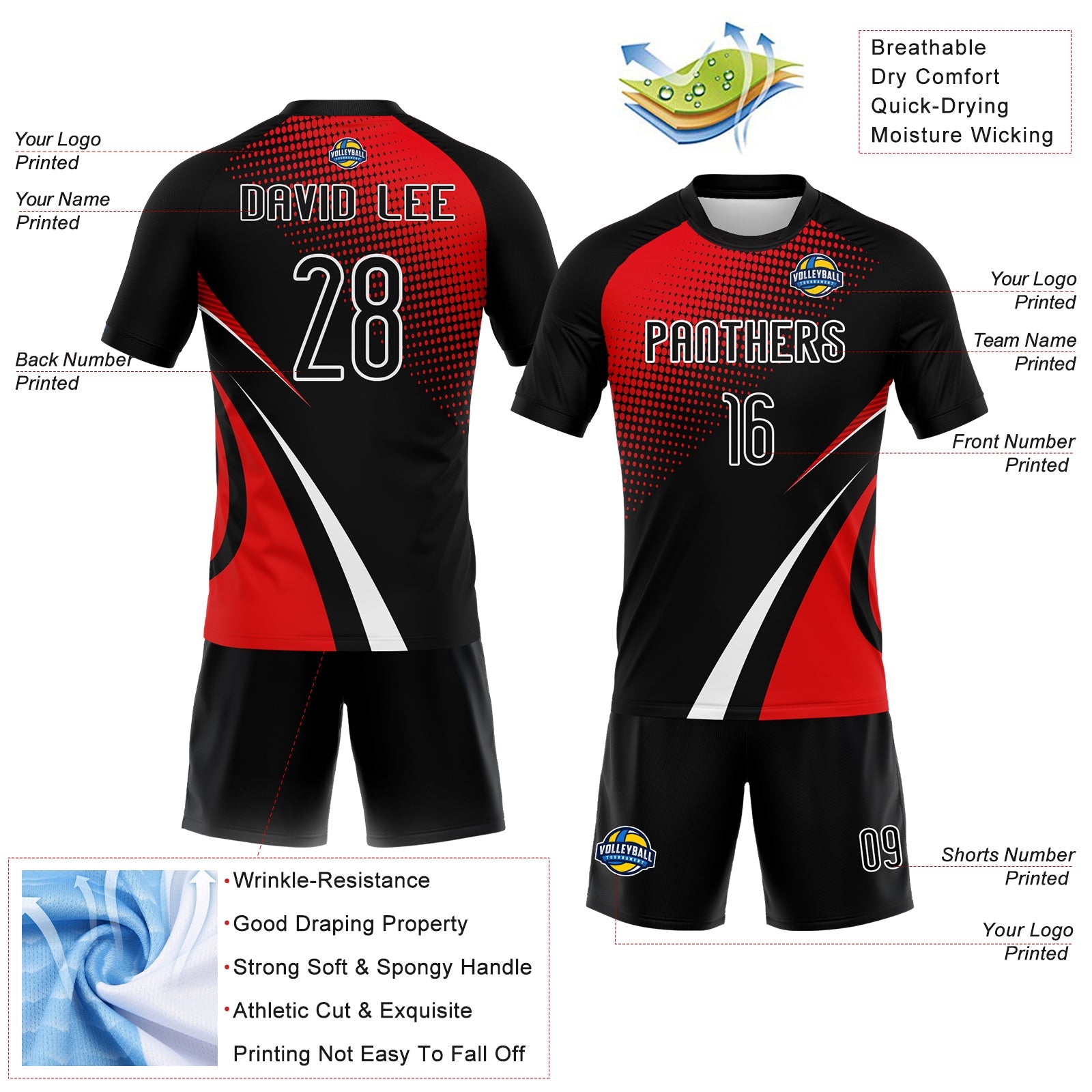 Custom Black Red-White Lines And Dots Sublimation Volleyball Uniform Jersey view 4