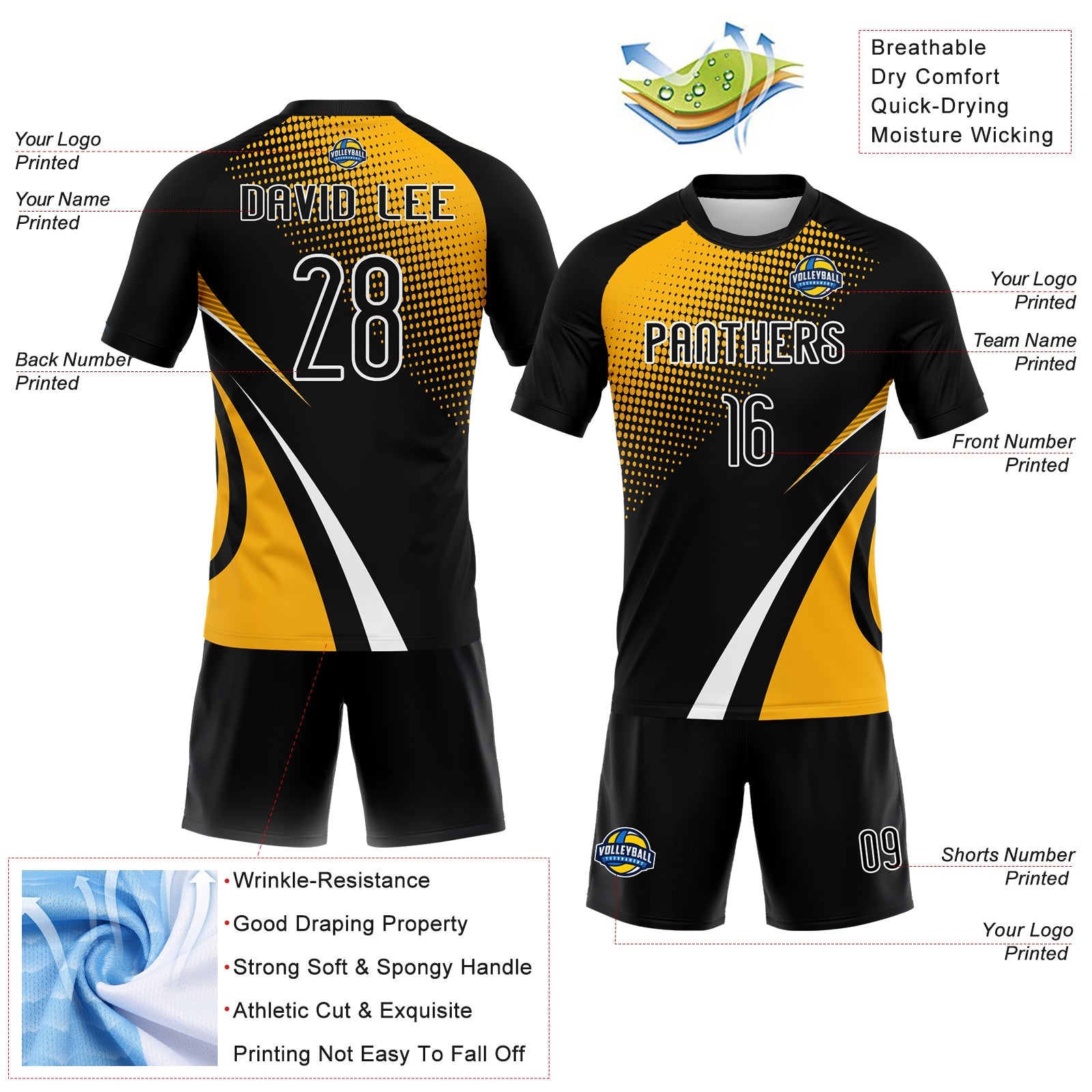 Custom Black Gold-White Lines And Dots Sublimation Volleyball Uniform Jersey view 4
