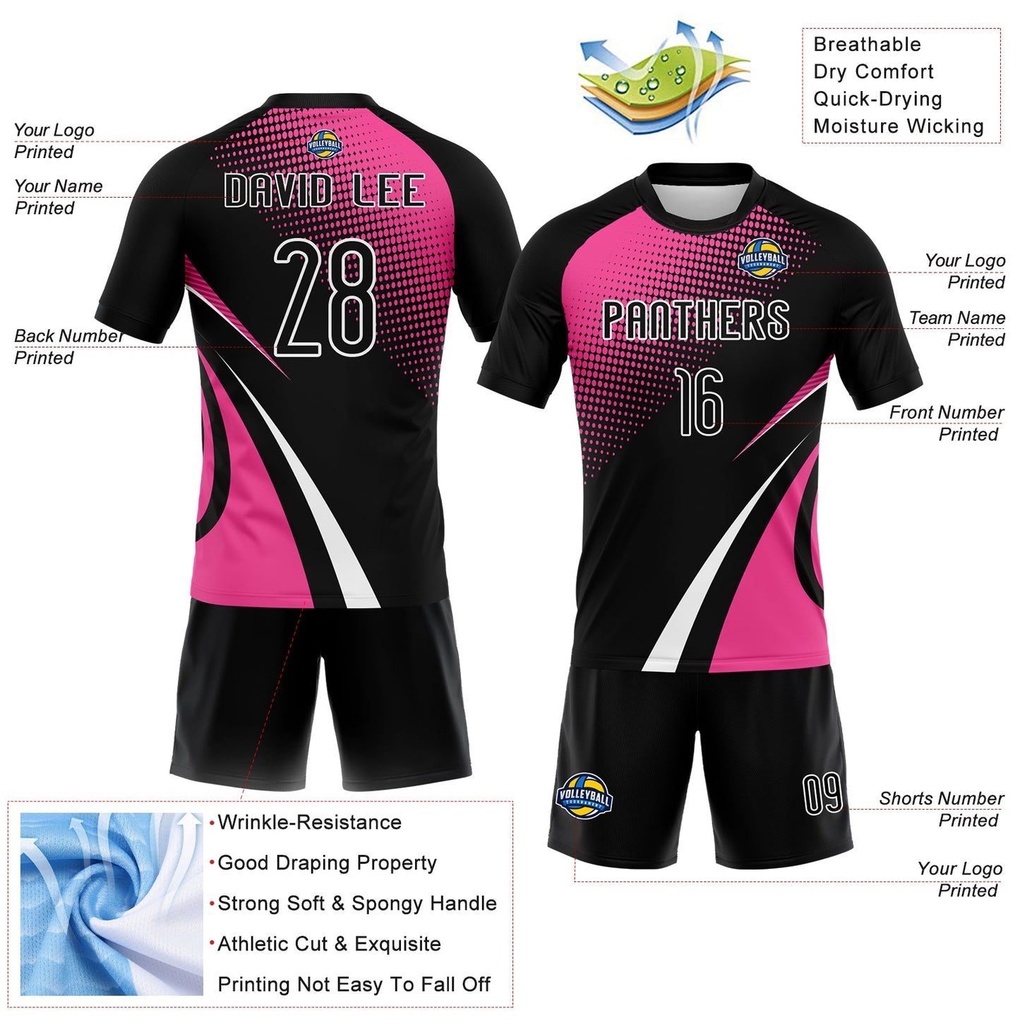 Custom Black Pink-White Lines And Dots Sublimation Volleyball Uniform Jersey view 4