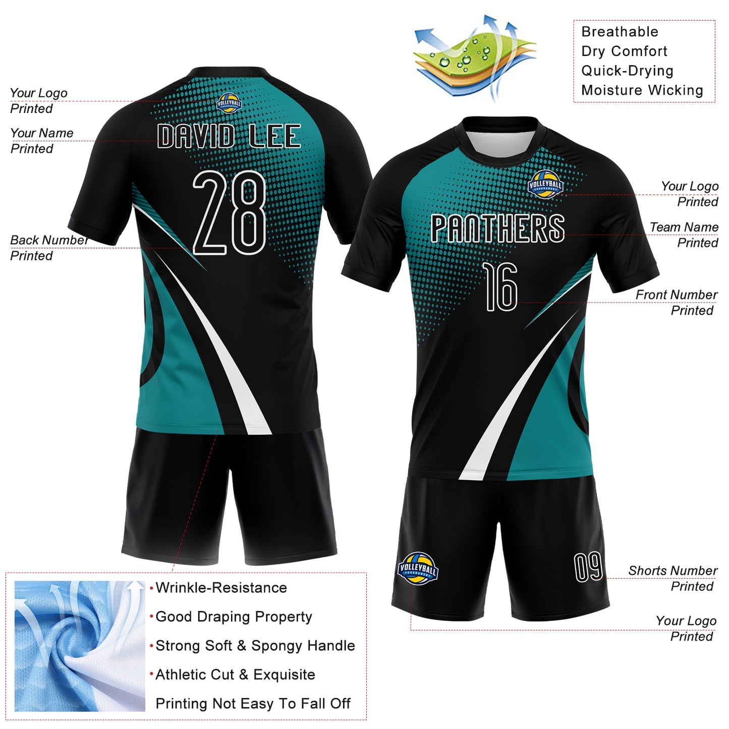 Custom Black Teal-White Lines And Dots Sublimation Volleyball Uniform Jersey view 4