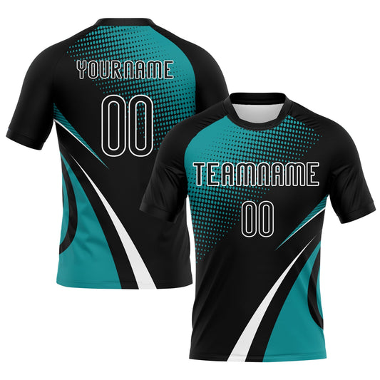 Custom Black Teal-White Lines And Dots Sublimation Volleyball Uniform Jersey - Main View