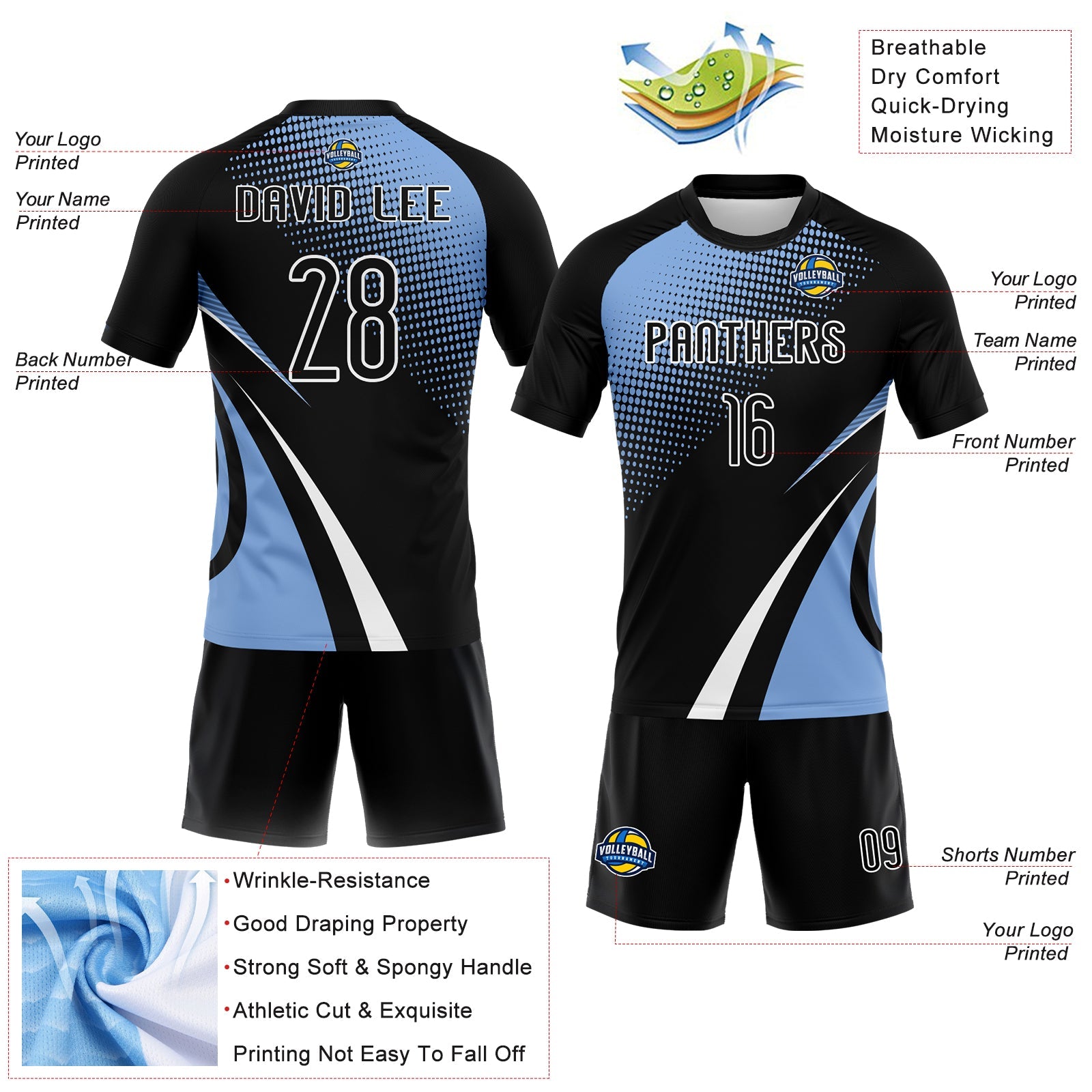 Custom Black Light Blue-White Lines And Dots Sublimation Volleyball Uniform Jersey view 4