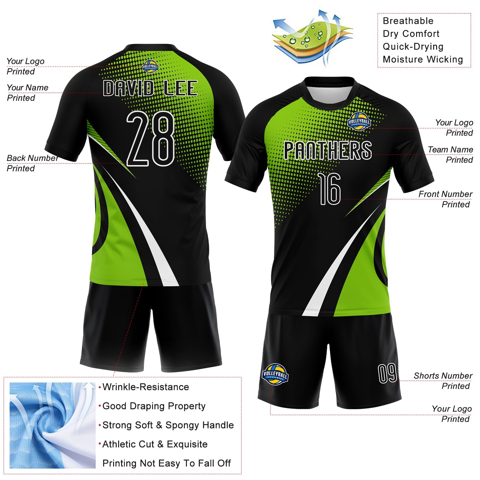 Custom Black Neon Green-White Lines And Dots Sublimation Volleyball Uniform Jersey view 4