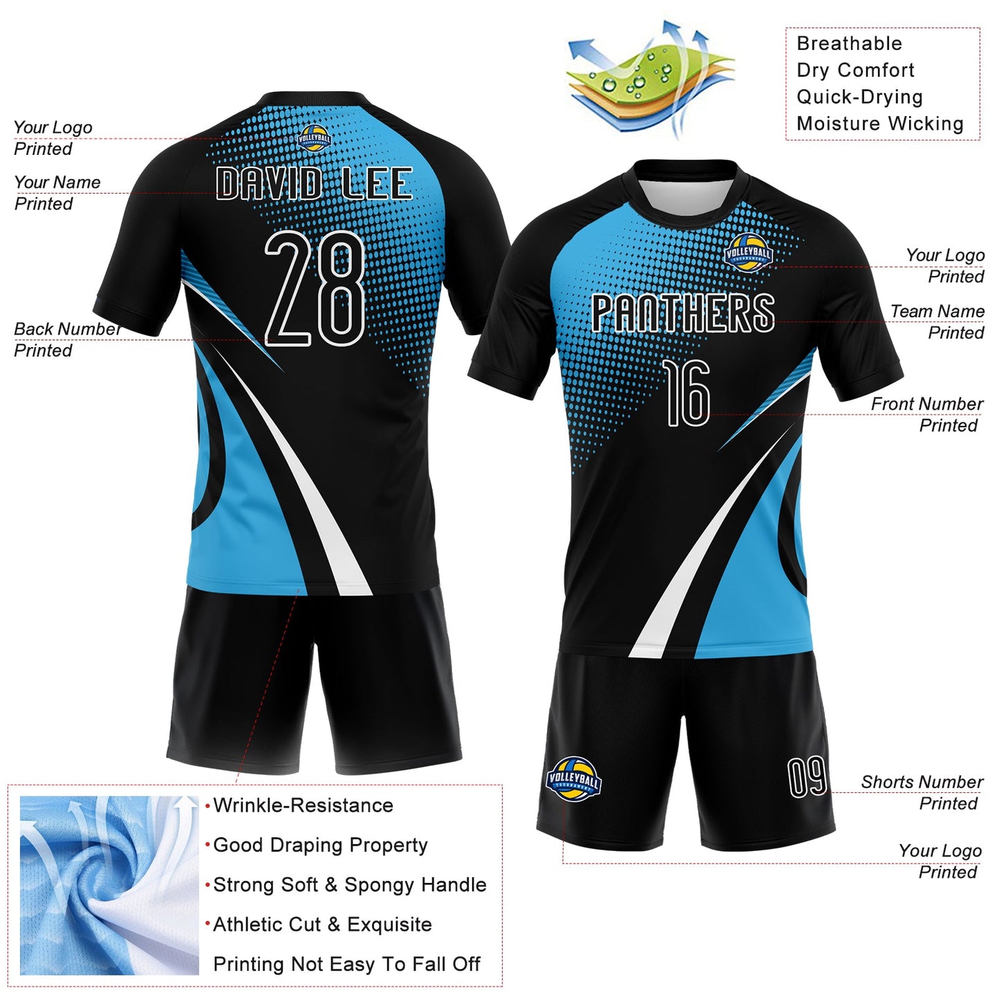 Custom Black Sky Blue-White Lines And Dots Sublimation Volleyball Uniform Jersey view 4