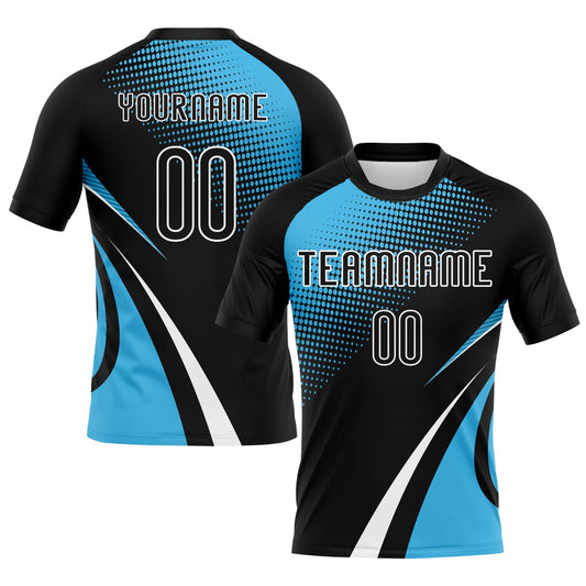 Custom Black Sky Blue-White Lines And Dots Sublimation Volleyball Uniform Jersey - Main View