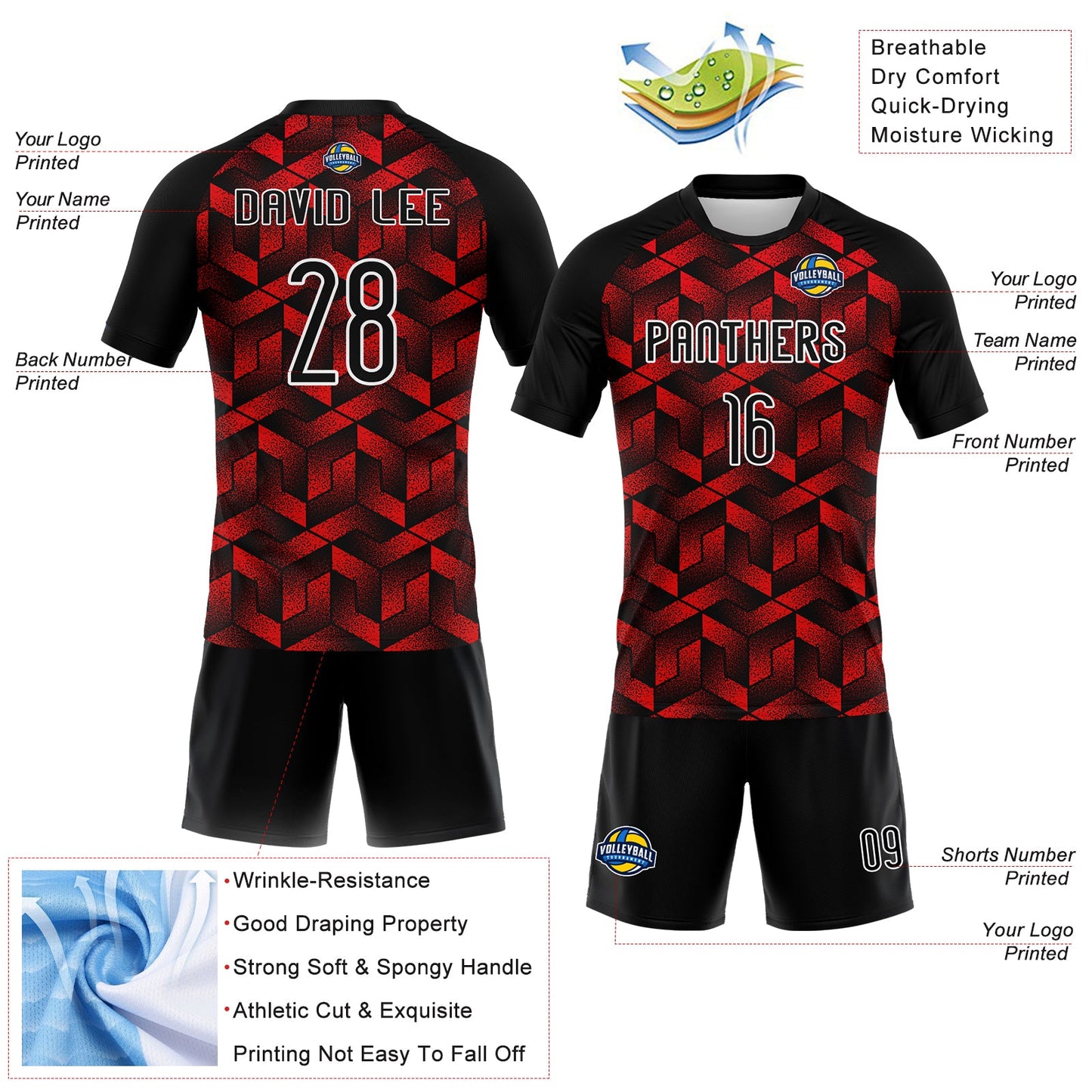 Custom Fire Red Black-White Geometric Shape Sublimation Volleyball Uniform Jersey view 4