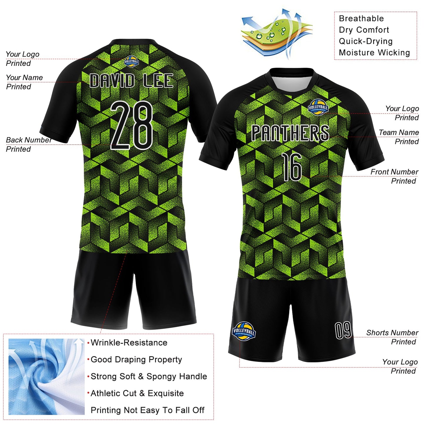 Custom Neon Green Black-White Geometric Shape Sublimation Volleyball Uniform Jersey view 4