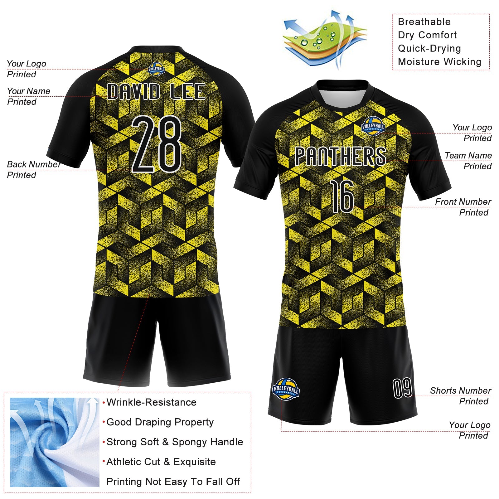 Custom Light Yellow Black-White Geometric Shape Sublimation Volleyball Uniform Jersey view 4