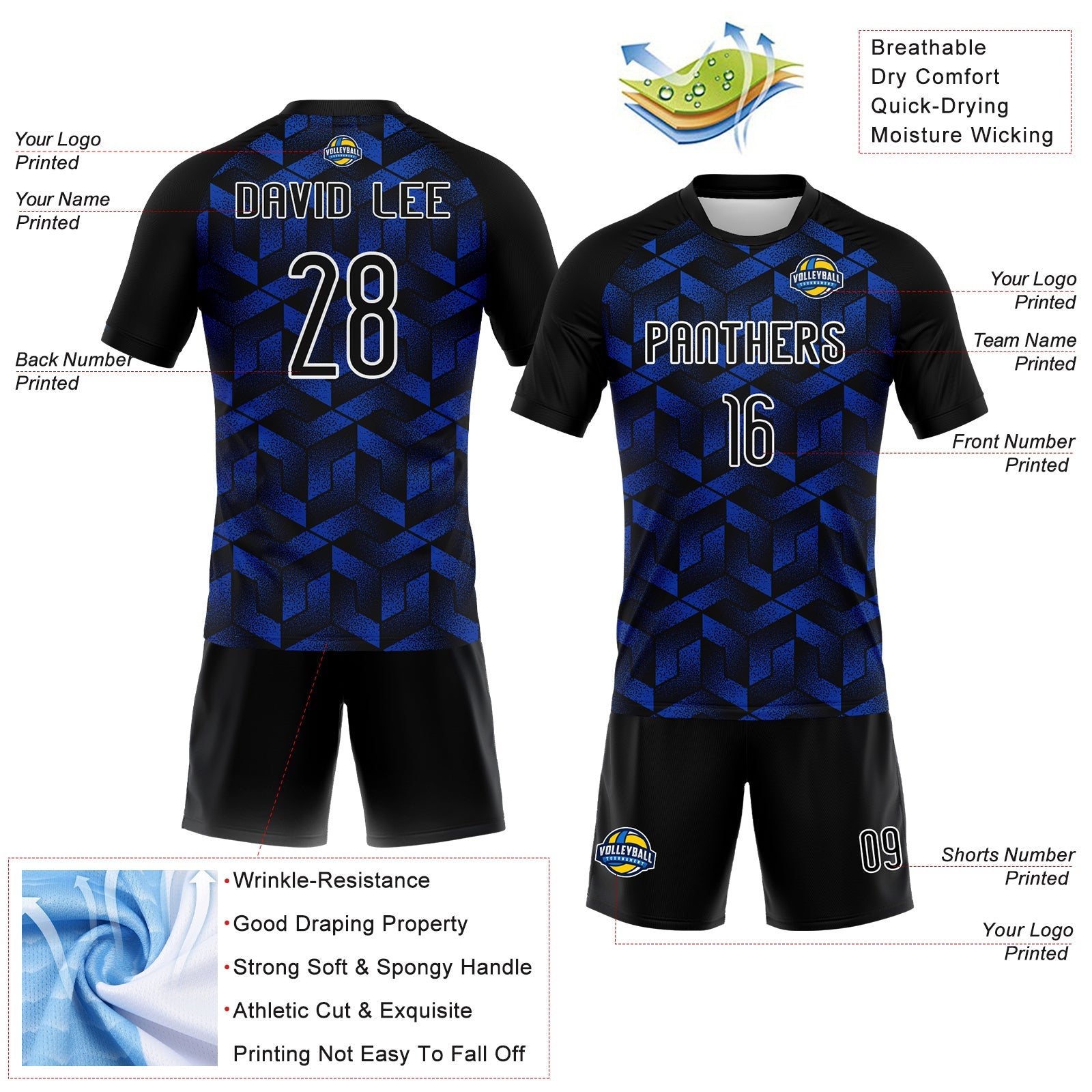Custom Thunder Blue Black-White Geometric Shape Sublimation Volleyball Uniform Jersey view 4