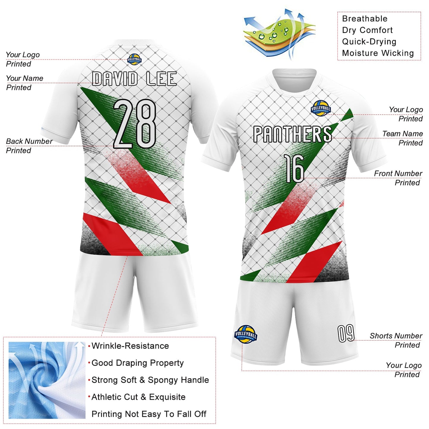 Custom White Black Red-Kelly Green Palestine Geometric Shape Sublimation Volleyball Uniform Jersey view 4