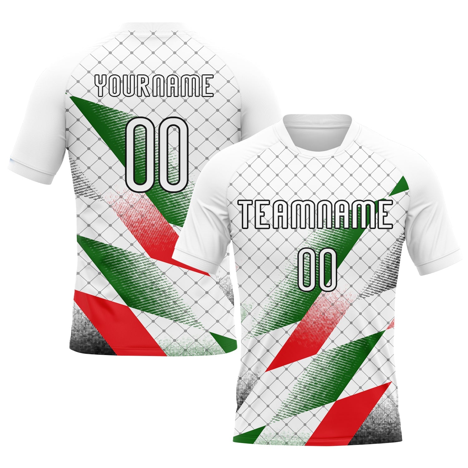 Custom White Black Red-Kelly Green Palestine Geometric Shape Sublimation Volleyball Uniform Jersey - Main View