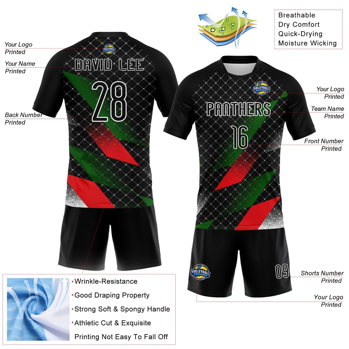 Custom Black Red-Kelly Green Palestine Geometric Shape Sublimation Volleyball Uniform Jersey view 4