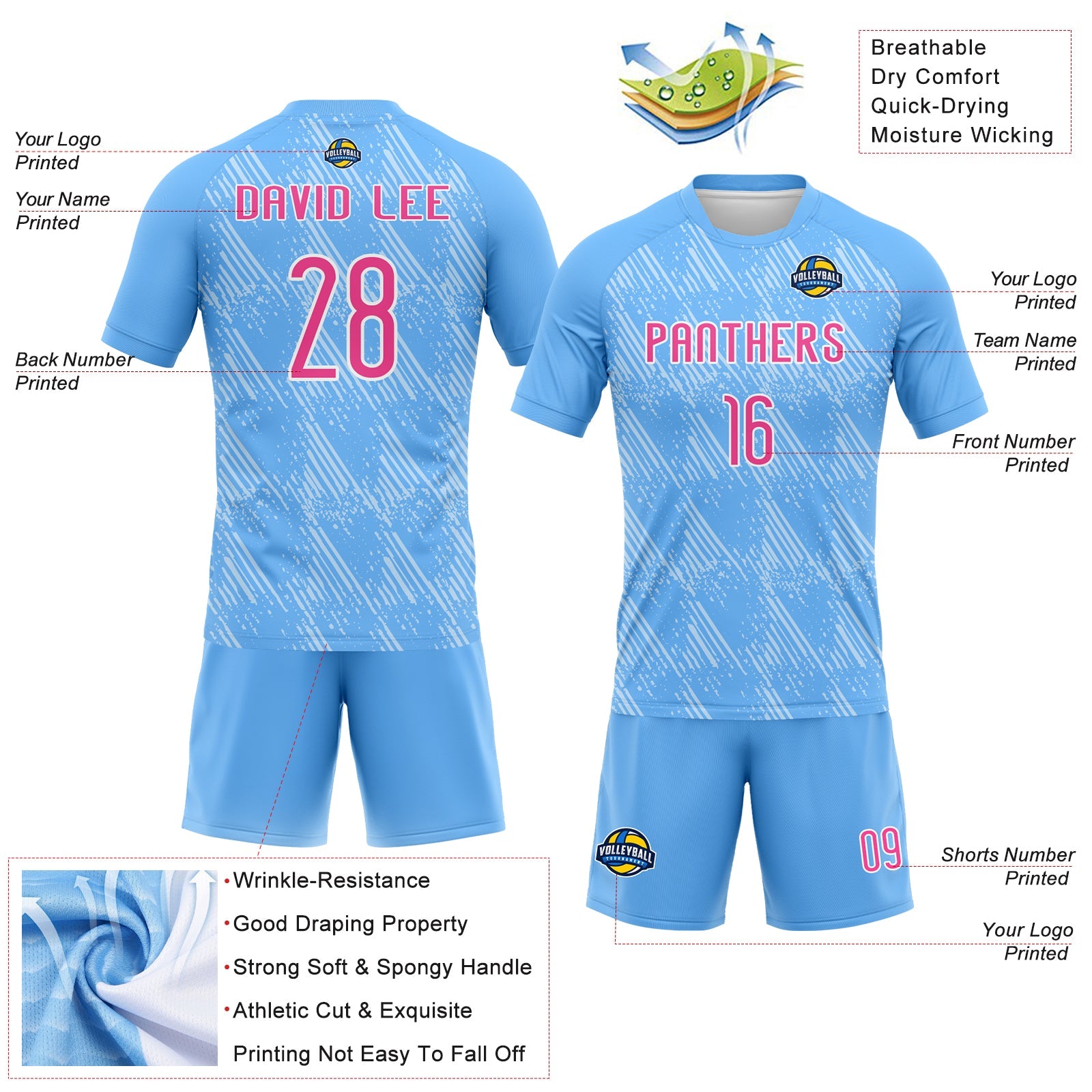 Custom Powder Blue Pink-White Lines Splatter Art Sublimation Volleyball Uniform Jersey view 4