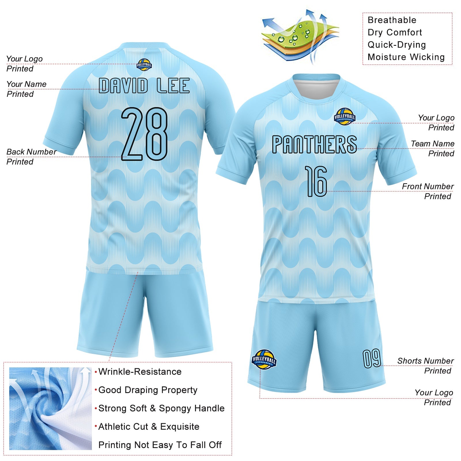 Custom Light Blue Black-White Lines And Waves Sublimation Volleyball Uniform Jersey view 4
