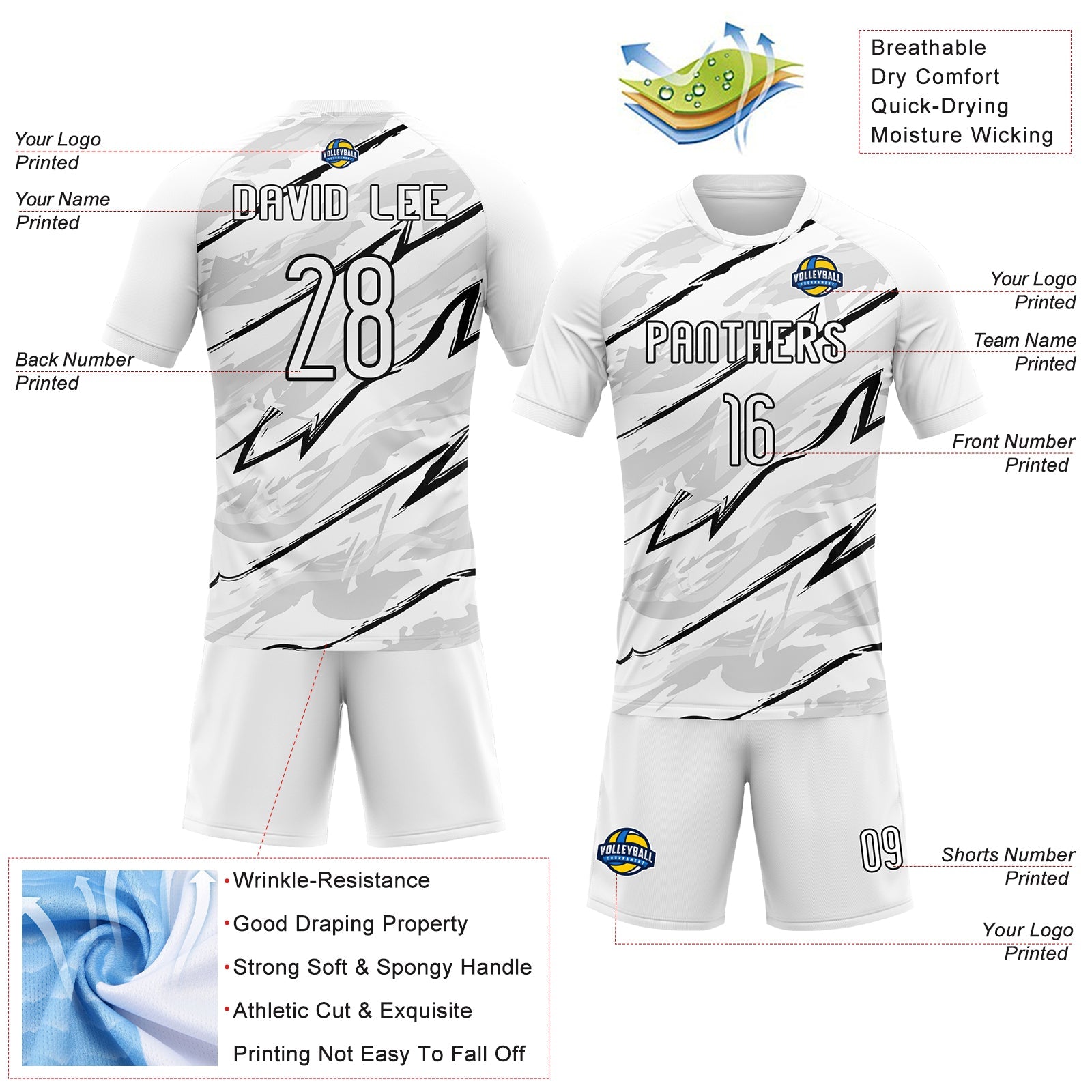 Custom White Black Abstract Brush Sublimation Volleyball Uniform Jersey view 4