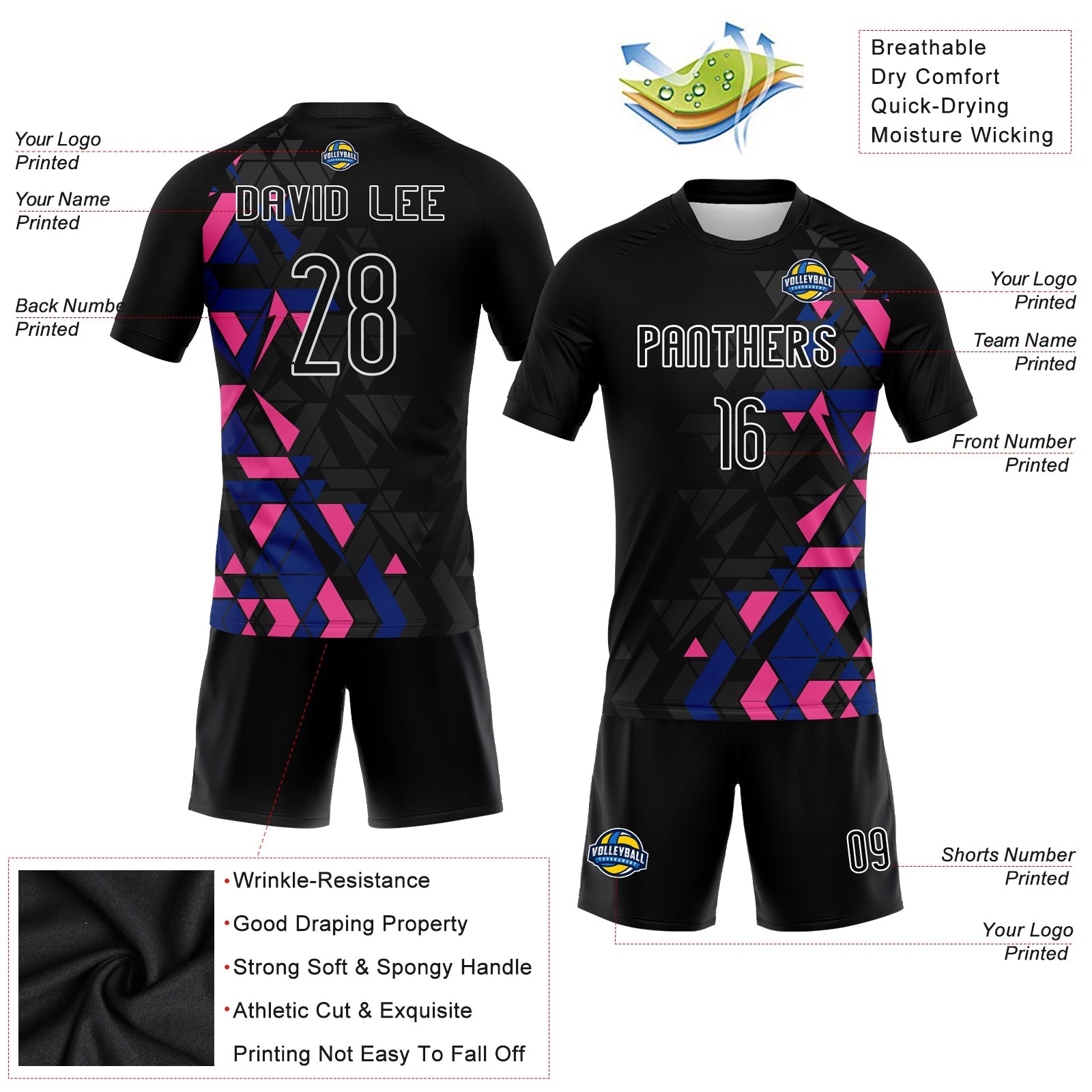 Custom Black Royal-Pink Geometric Shape Sublimation Volleyball Uniform Jersey view 4