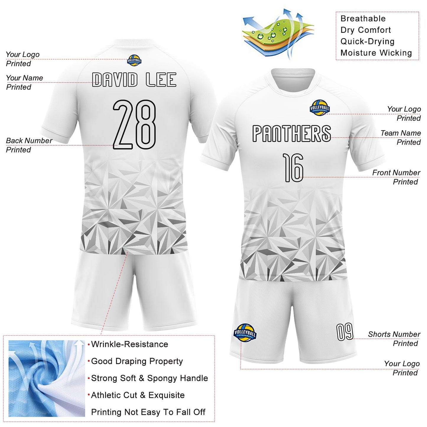 Custom White Black Geometric Shape Sublimation Volleyball Uniform Jersey view 4