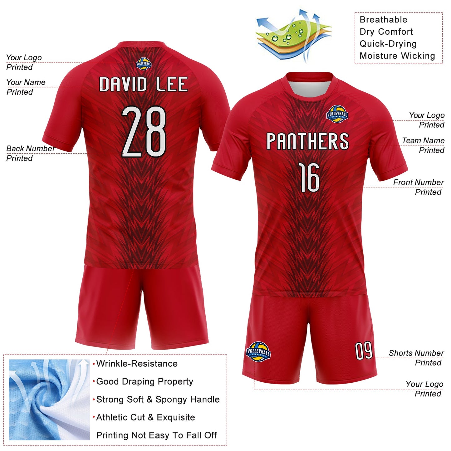 Custom Red White-Black Arrow Shape Sublimation Volleyball Uniform Jersey view 4