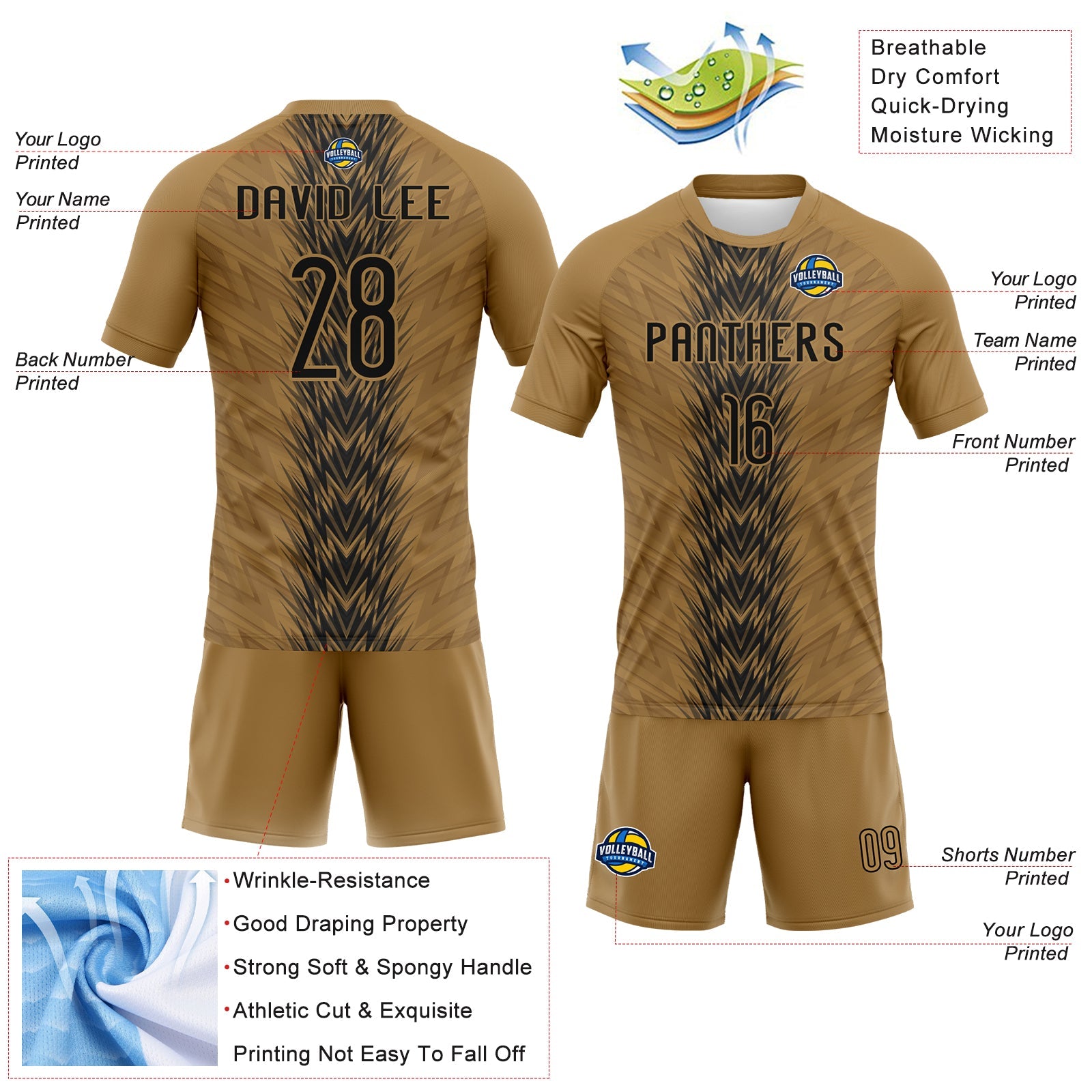 Custom Old Gold Black Arrow Shape Sublimation Volleyball Uniform Jersey view 4