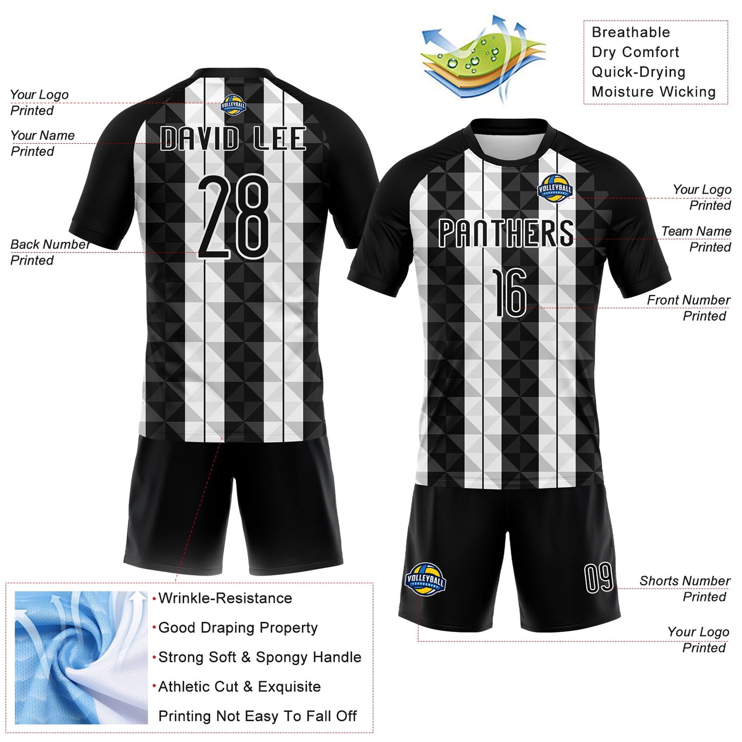 Custom Black White Geometric Shape Sublimation Volleyball Uniform Jersey view 4