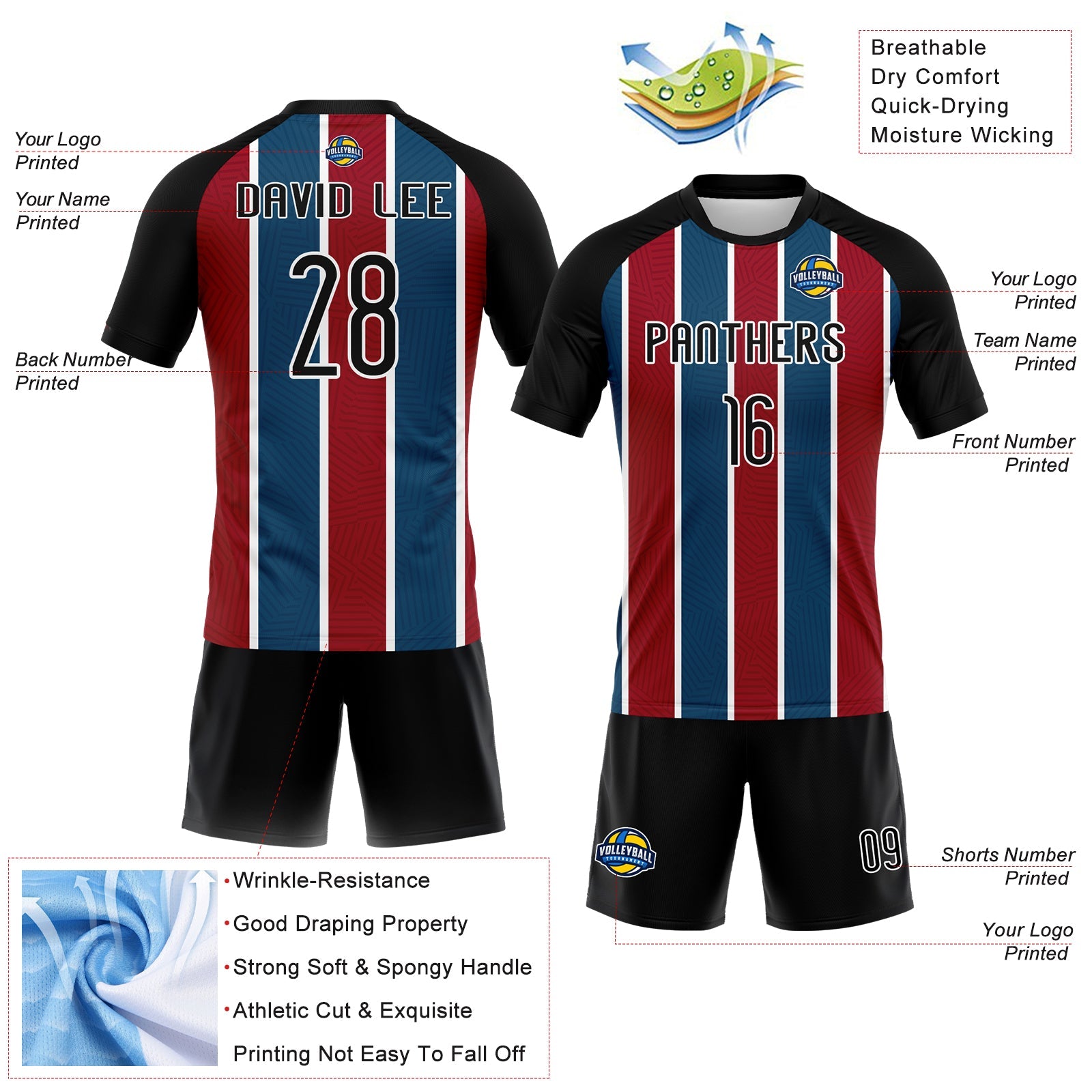 Custom Black Red-Royal Lines Sublimation Volleyball Uniform Jersey view 4
