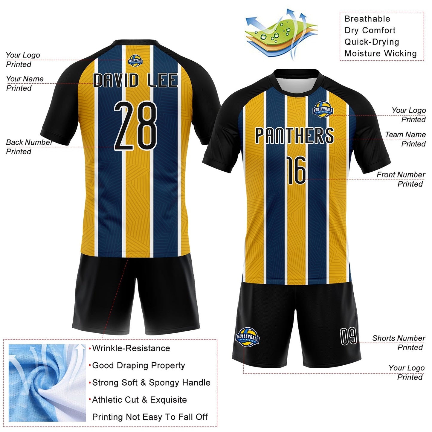 Custom Black Yellow-Royal Lines Sublimation Volleyball Uniform Jersey view 4