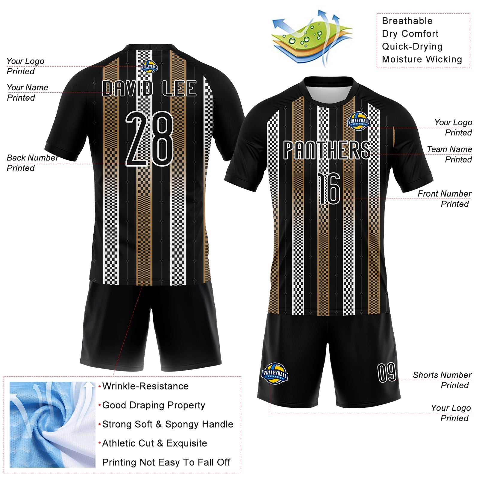 Custom Black Old Gold-White Geometric Shape Sublimation Volleyball Uniform Jersey view 4
