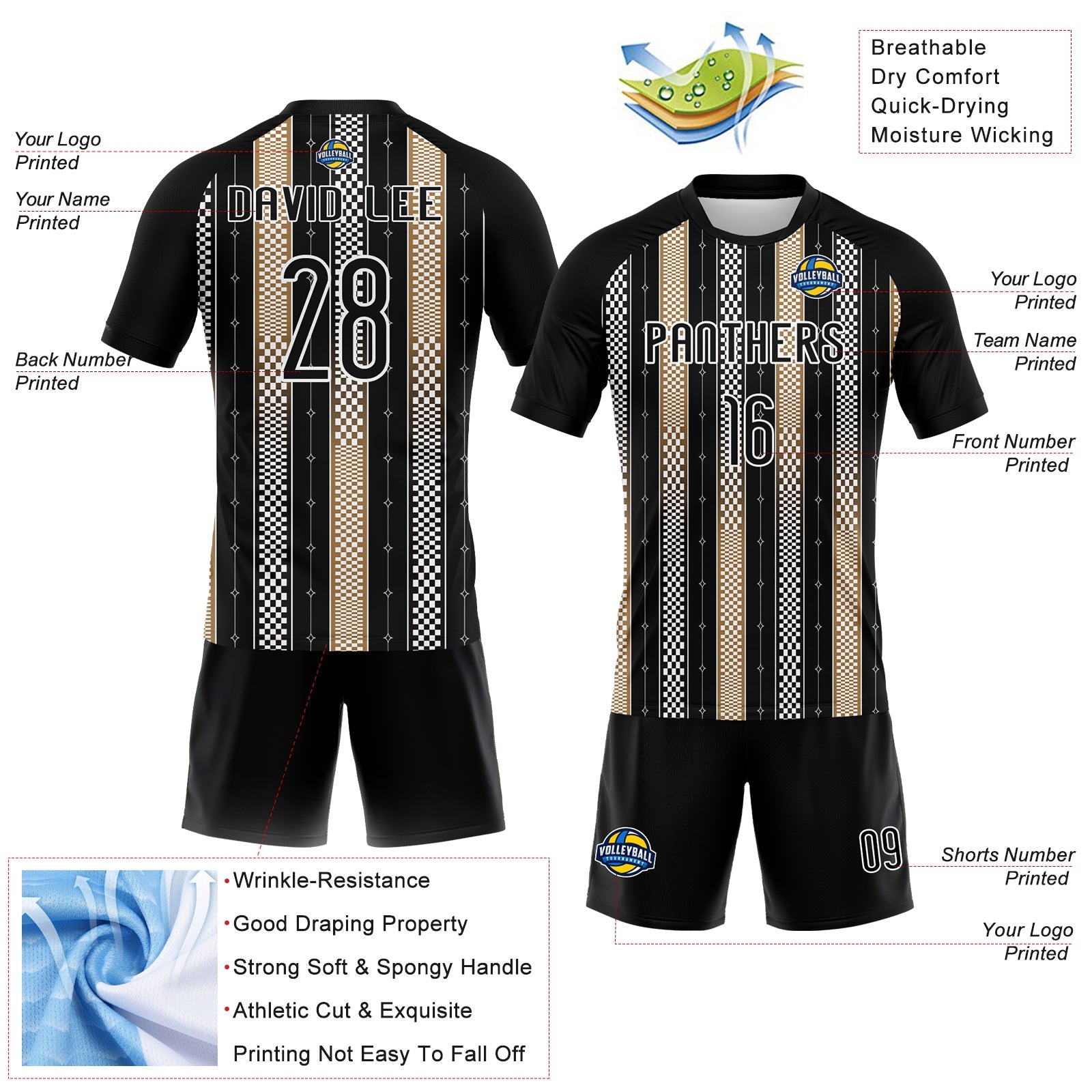 Custom Black Old Gold-White Geometric Shape Sublimation Volleyball Uniform Jersey view 4