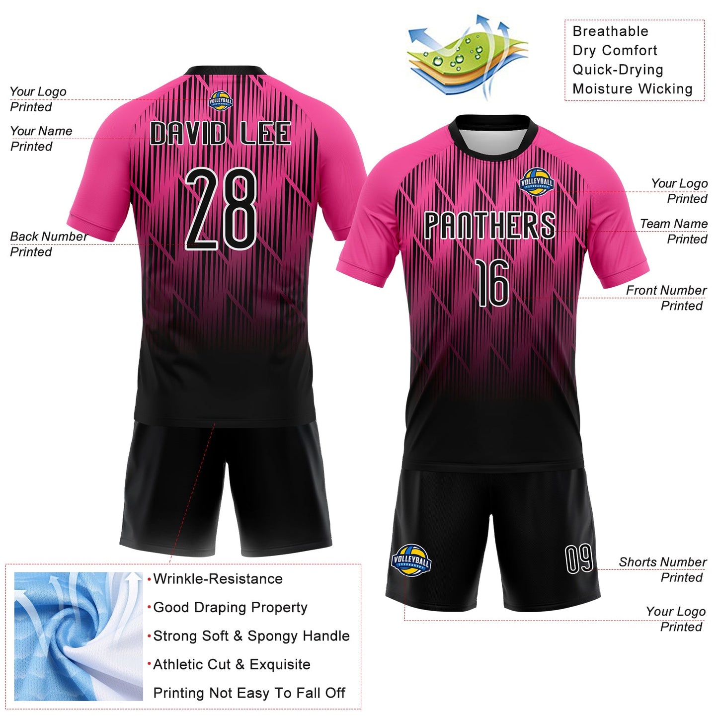 Custom Pink Black-White Lines Sublimation Volleyball Uniform Jersey view 4