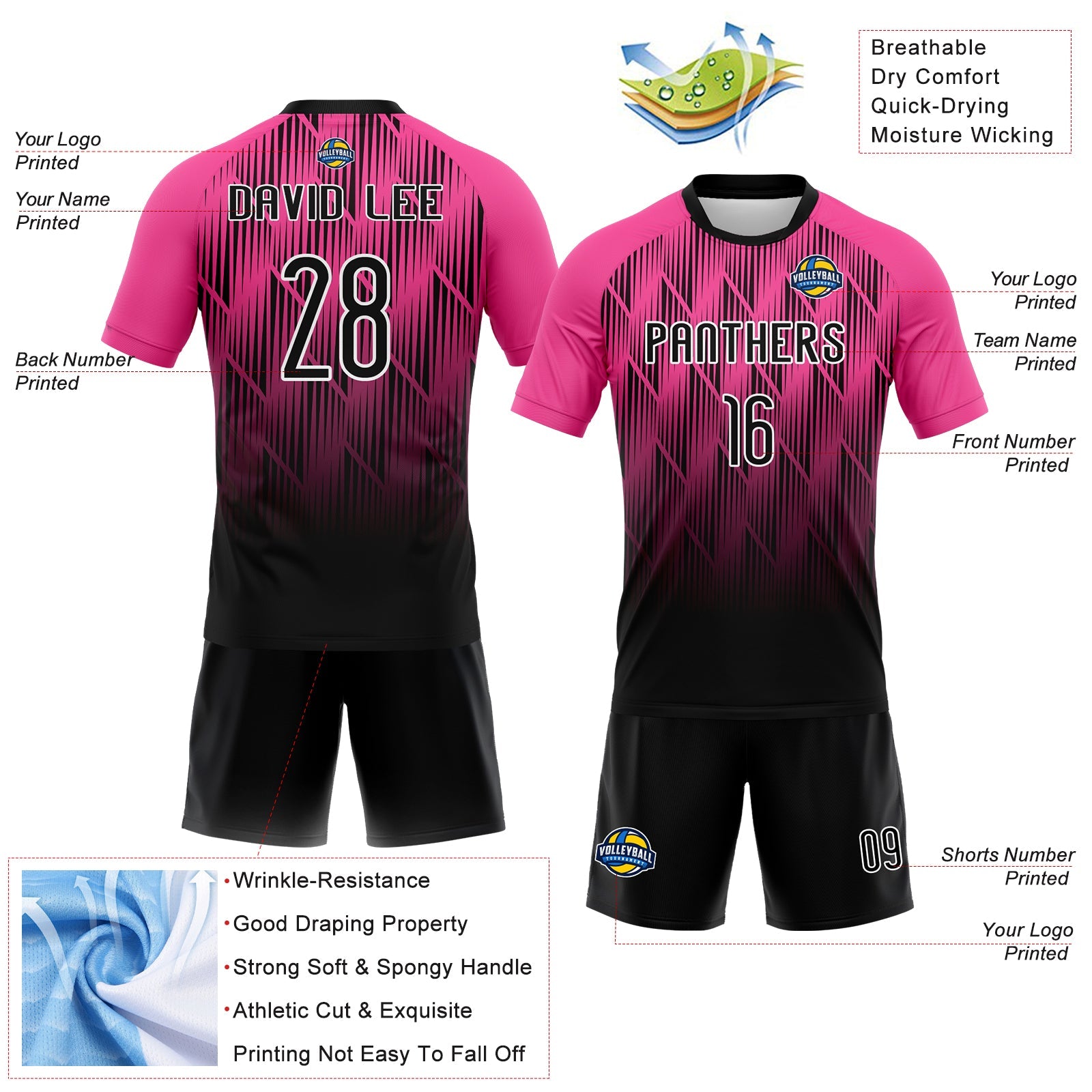 Custom Pink Black-White Lines Sublimation Volleyball Uniform Jersey view 4