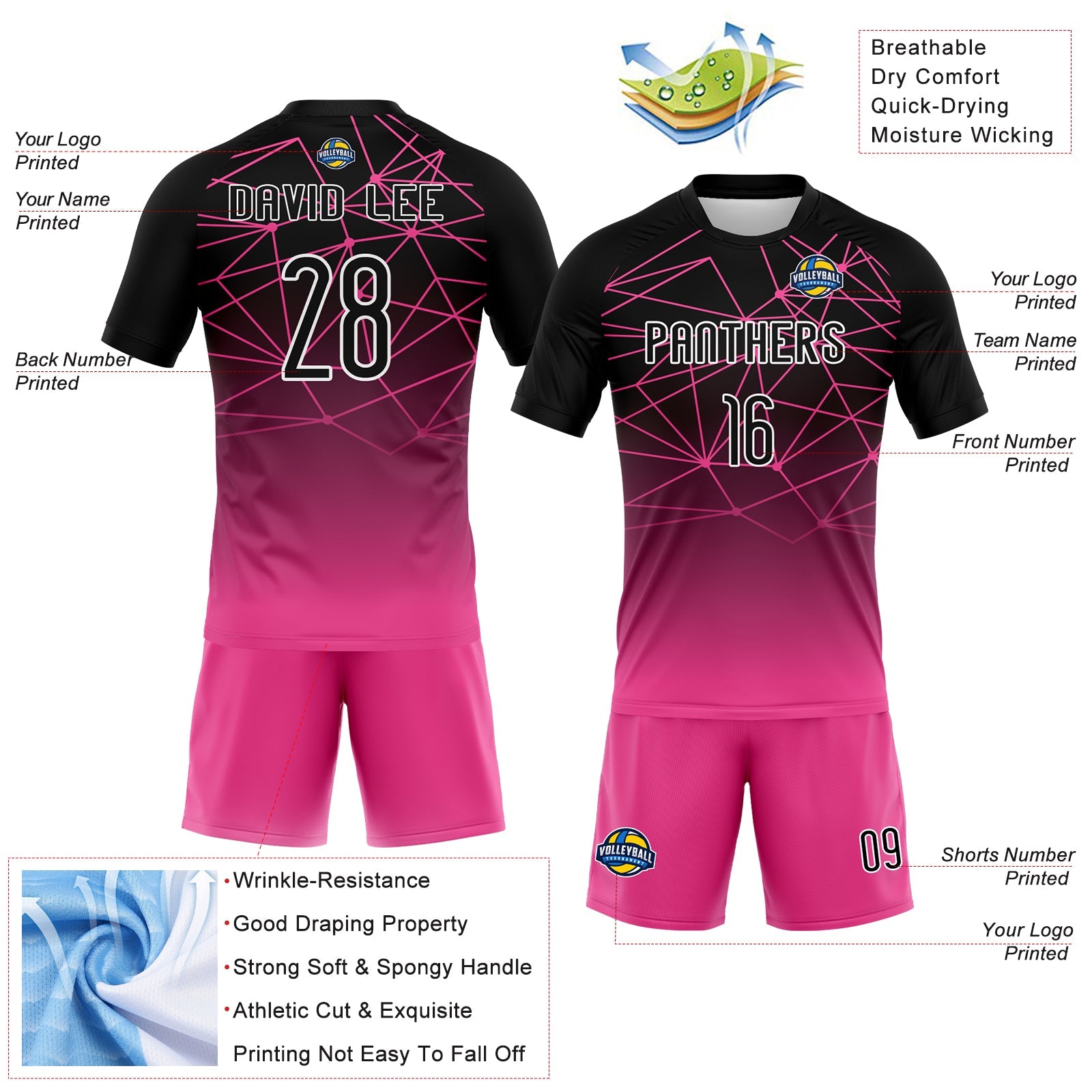 Custom Pink Black-White Abstract Network Sublimation Volleyball Uniform Jersey view 4