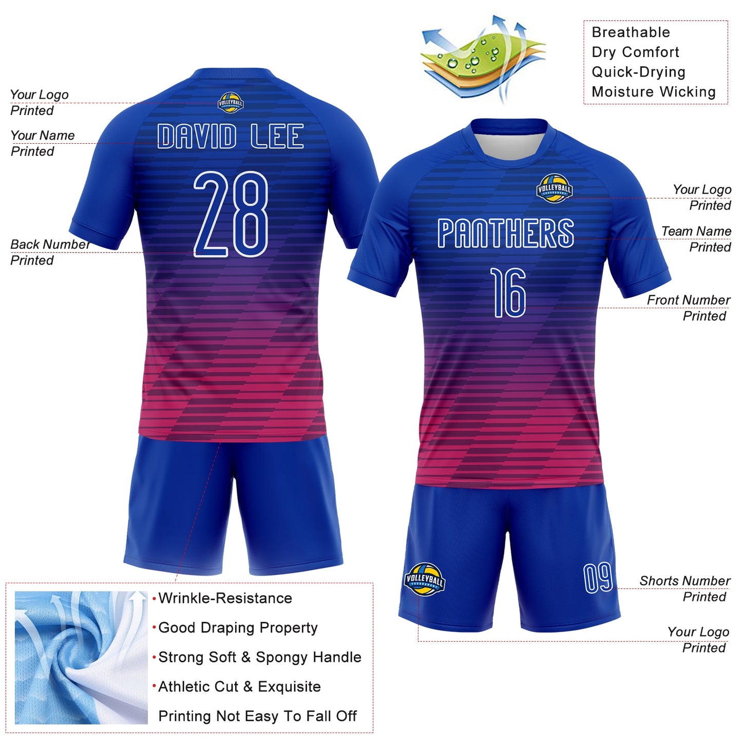 Custom Thunder Blue Pink-White Lines Sublimation Volleyball Uniform Jersey view 4